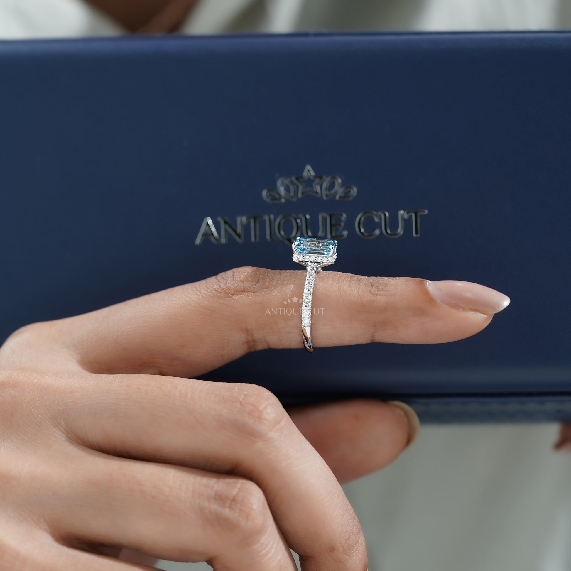 Fancy Blue 2.40tcw Emerald Cut Lab Diamond Engagement Ring | IGI Certified | White Gold Pave Setting