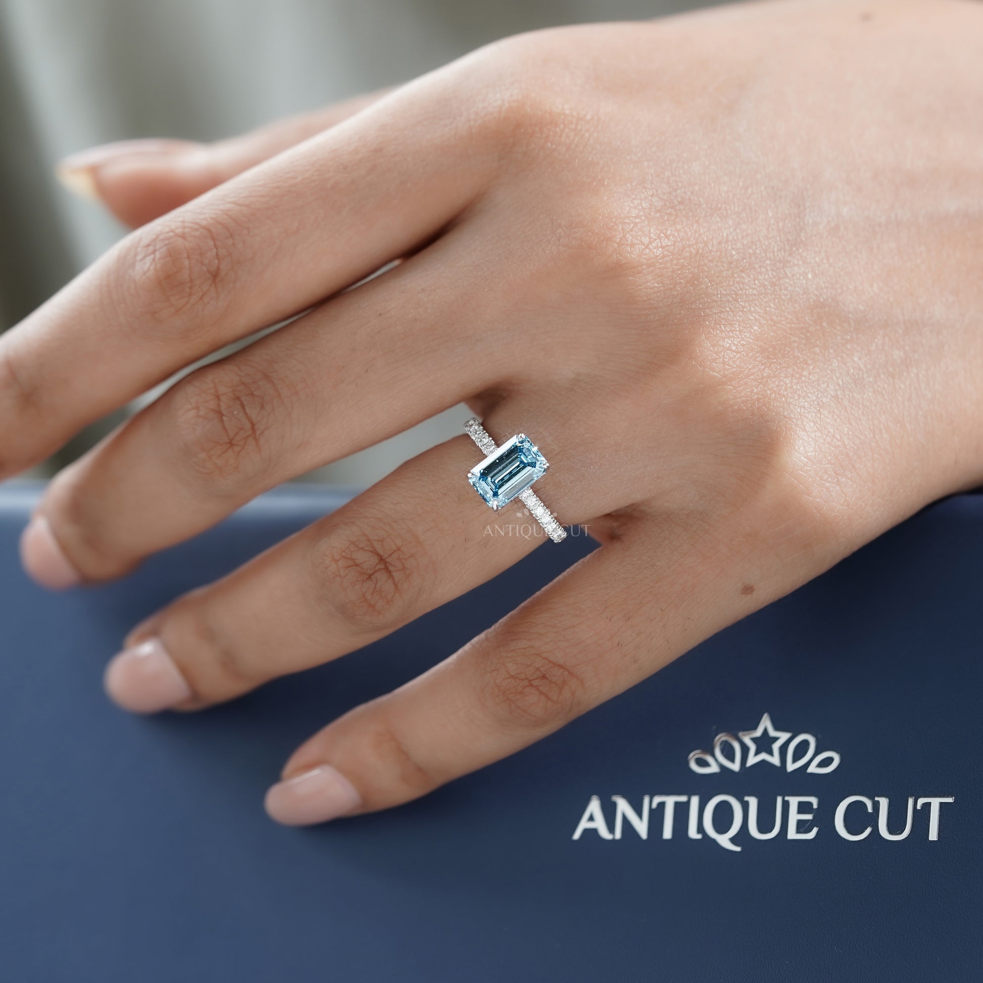 Fancy Blue 2.40tcw Emerald Cut Lab Diamond Engagement Ring | IGI Certified | White Gold Pave Setting