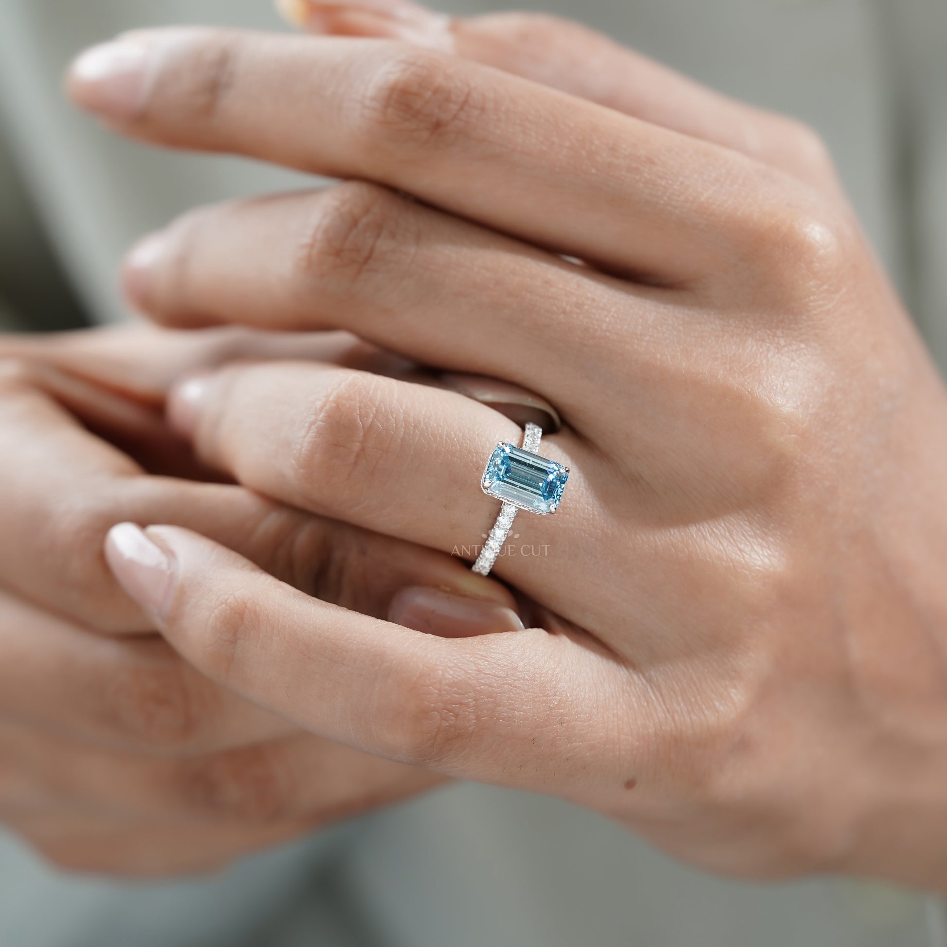 Fancy Blue 2.40tcw Emerald Cut Lab Diamond Engagement Ring | IGI Certified | White Gold Pave Setting