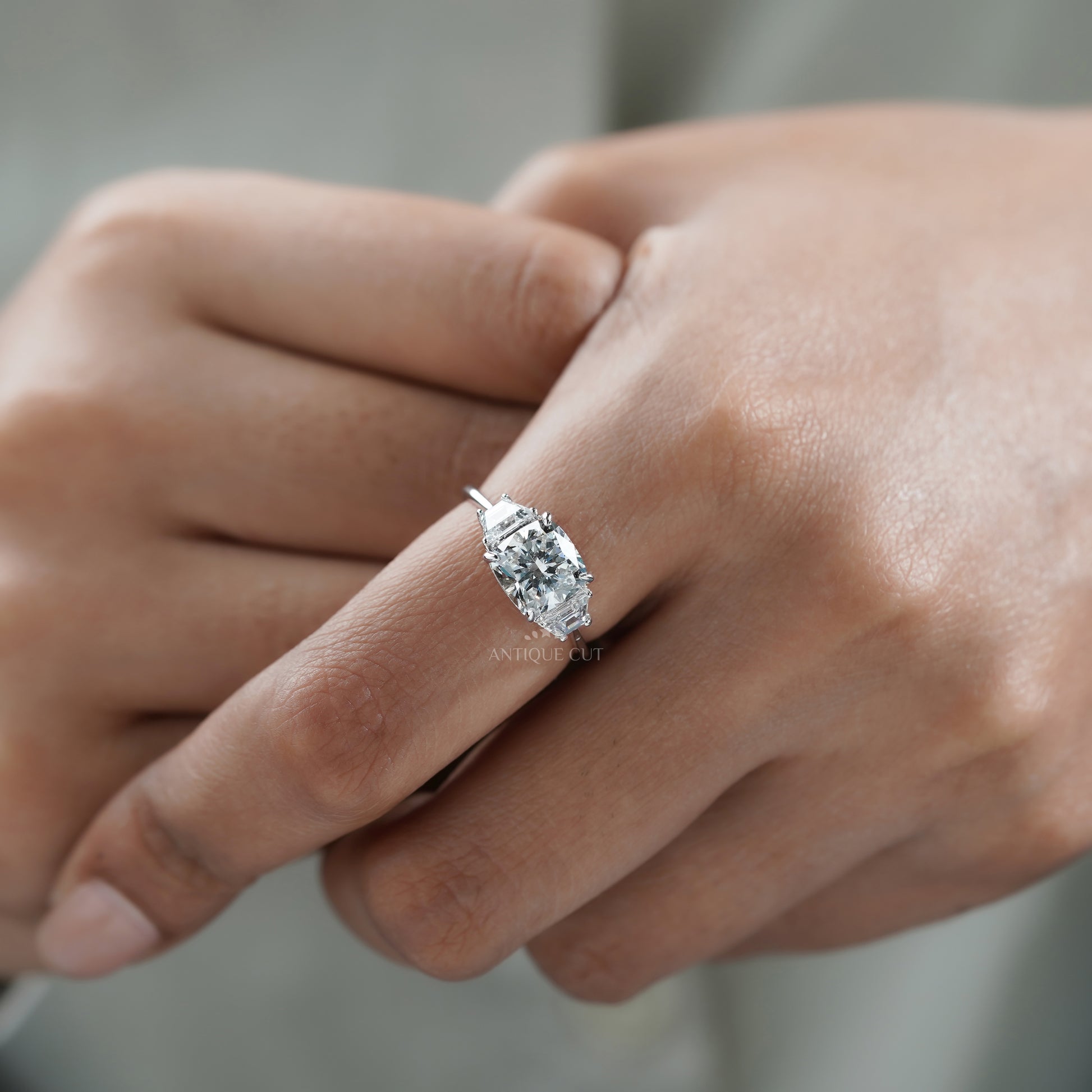 Cushion 3.00tcw Lab Grown Diamond Three-Stone Engagement Ring | IGI Certified