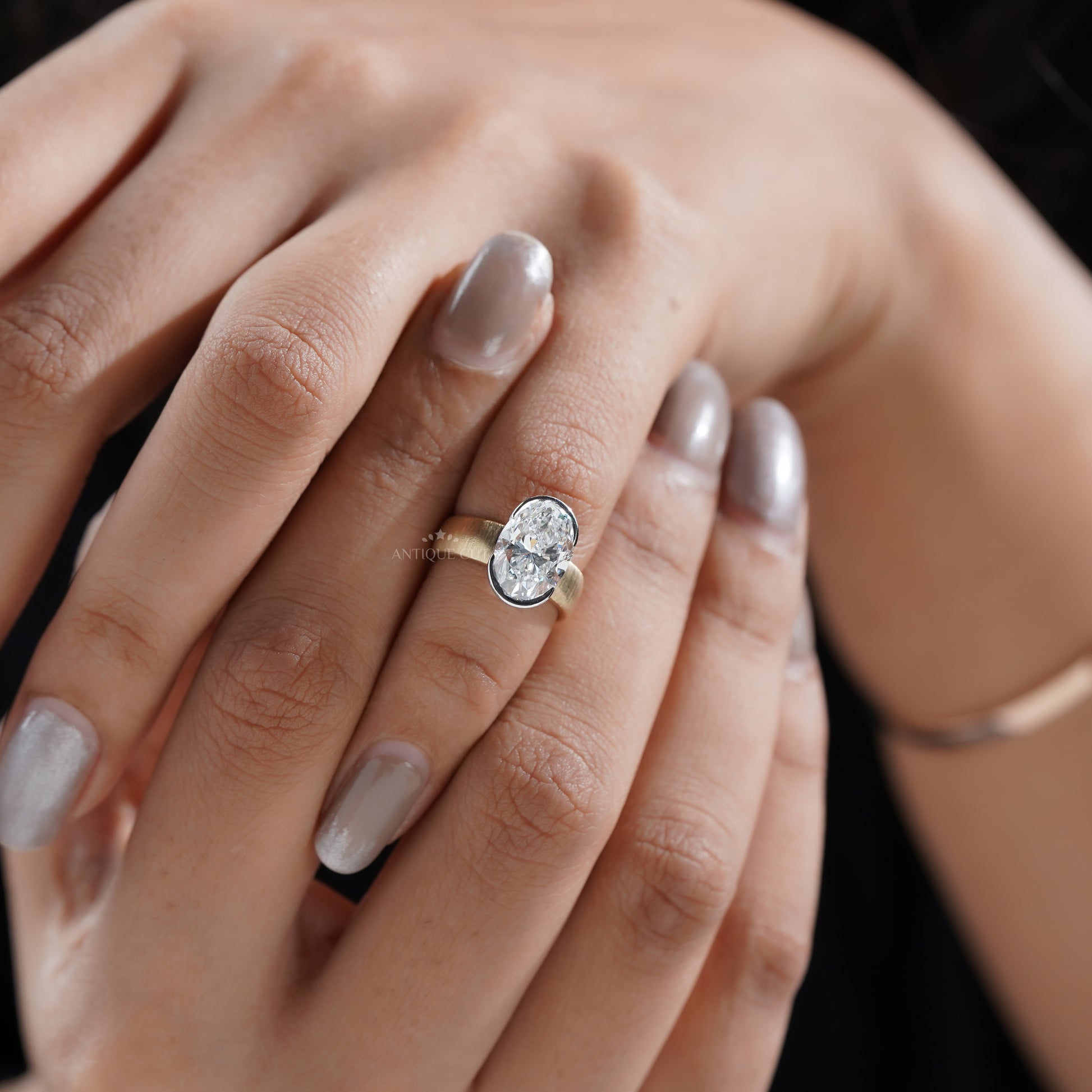 4ct Oval Lab Grown Diamond Bezel Engagement Ring | Paper Matte Finish | Two-Tone Gold | IGI Certified