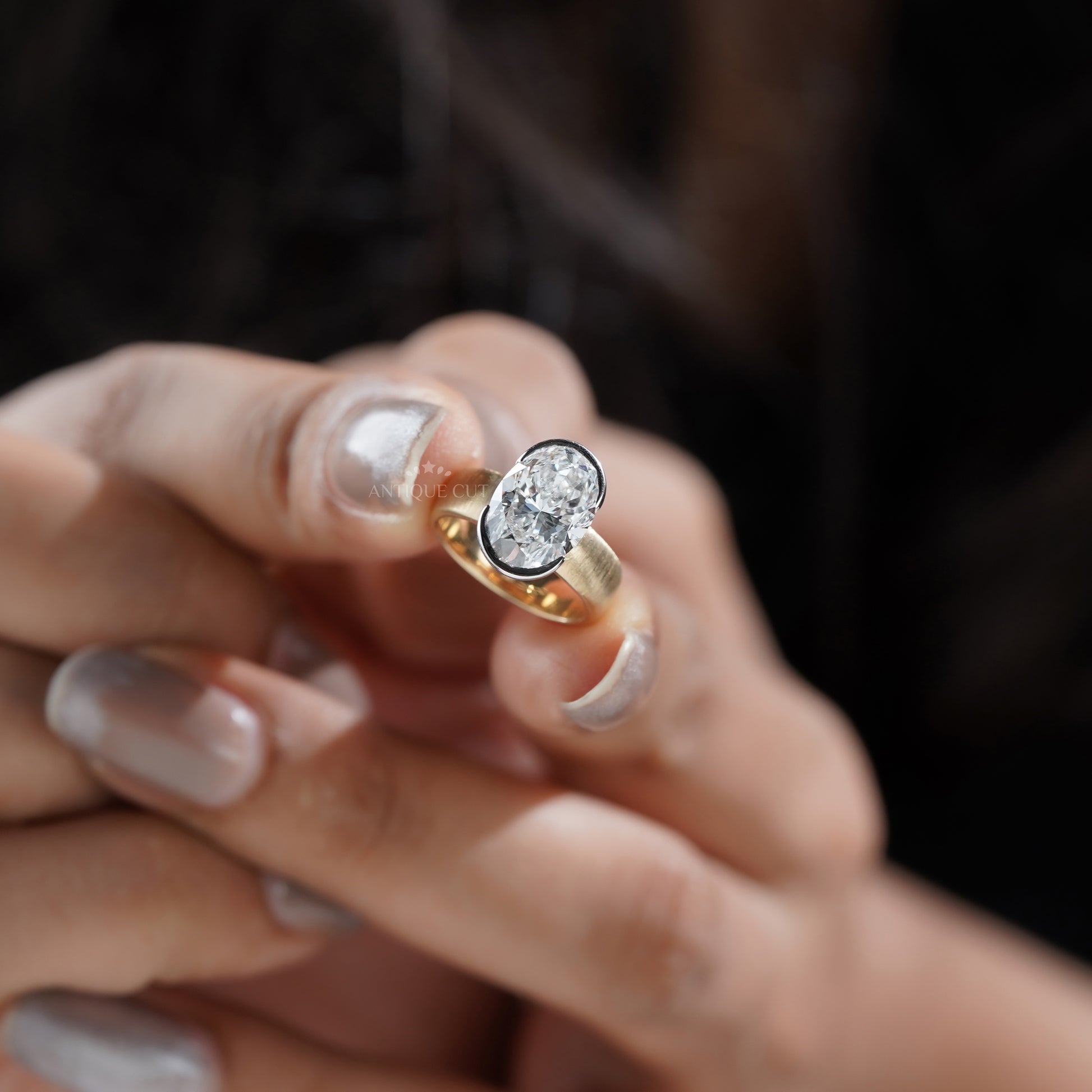 4ct Oval Lab Grown Diamond Bezel Engagement Ring | Paper Matte Finish | Two-Tone Gold | IGI Certified