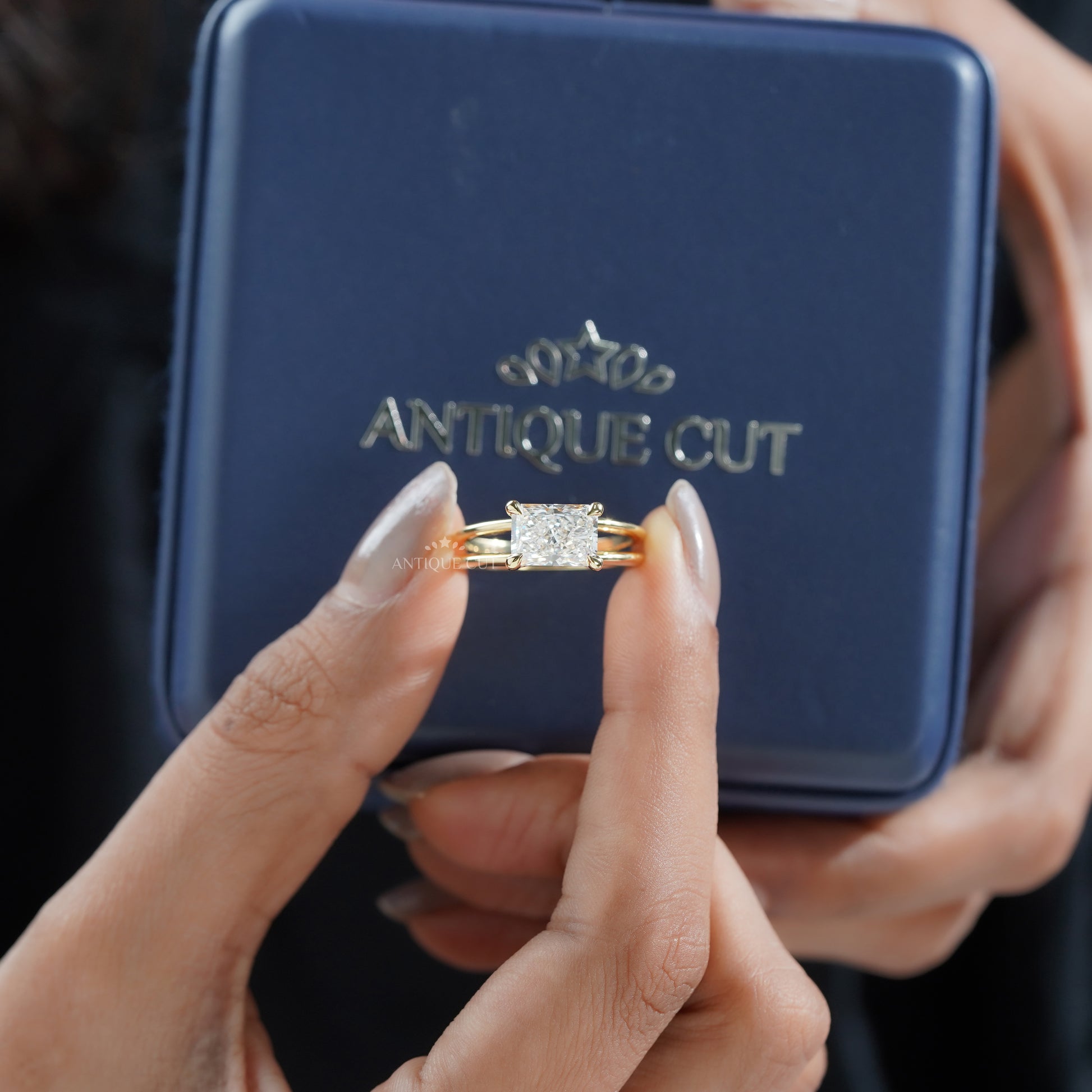 Modern east west radiant cut lab diamond engagement ring