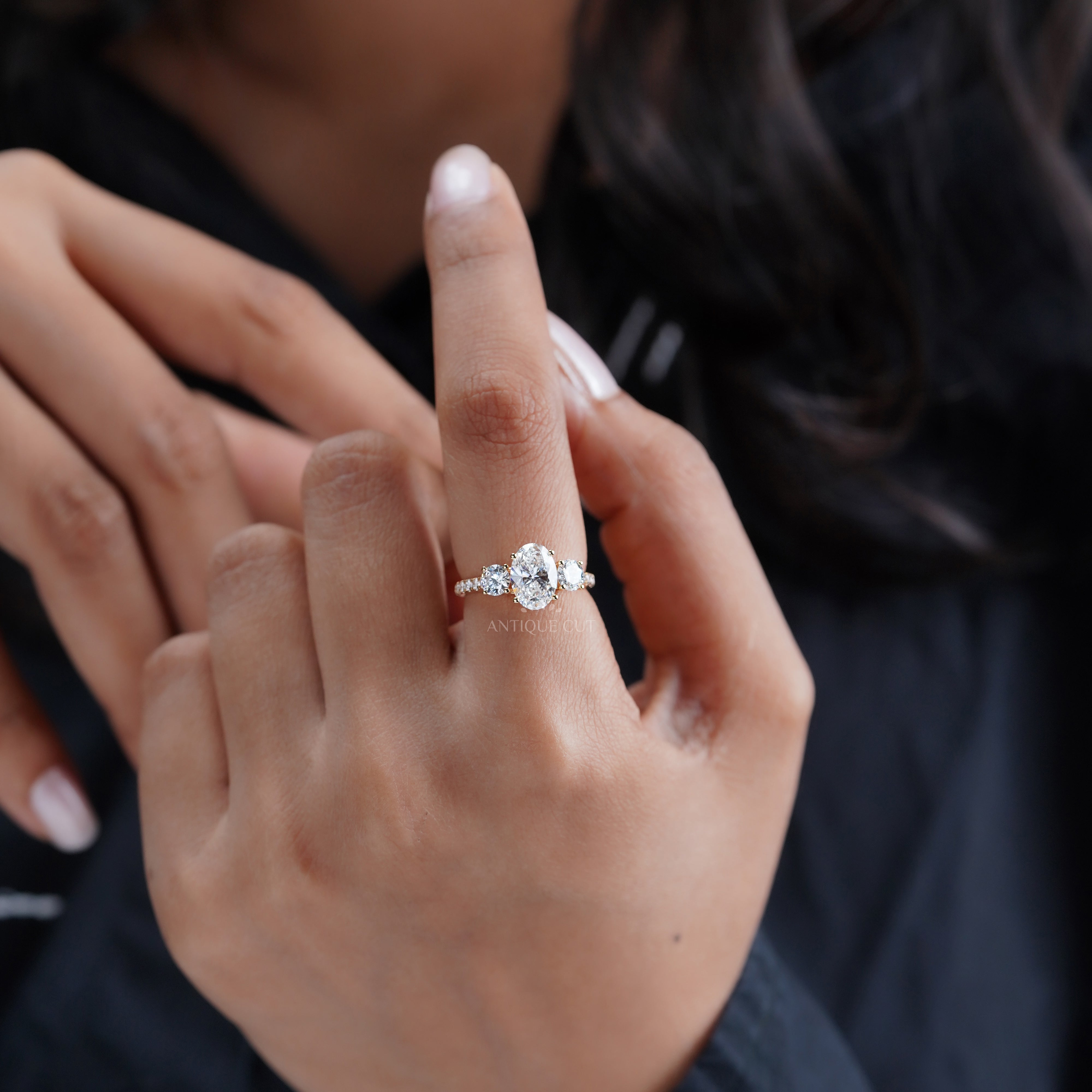 2.40tcw Oval & Round Lab-Grown Diamond Ring | Three-Stone Trellis Setting | IGI Certified