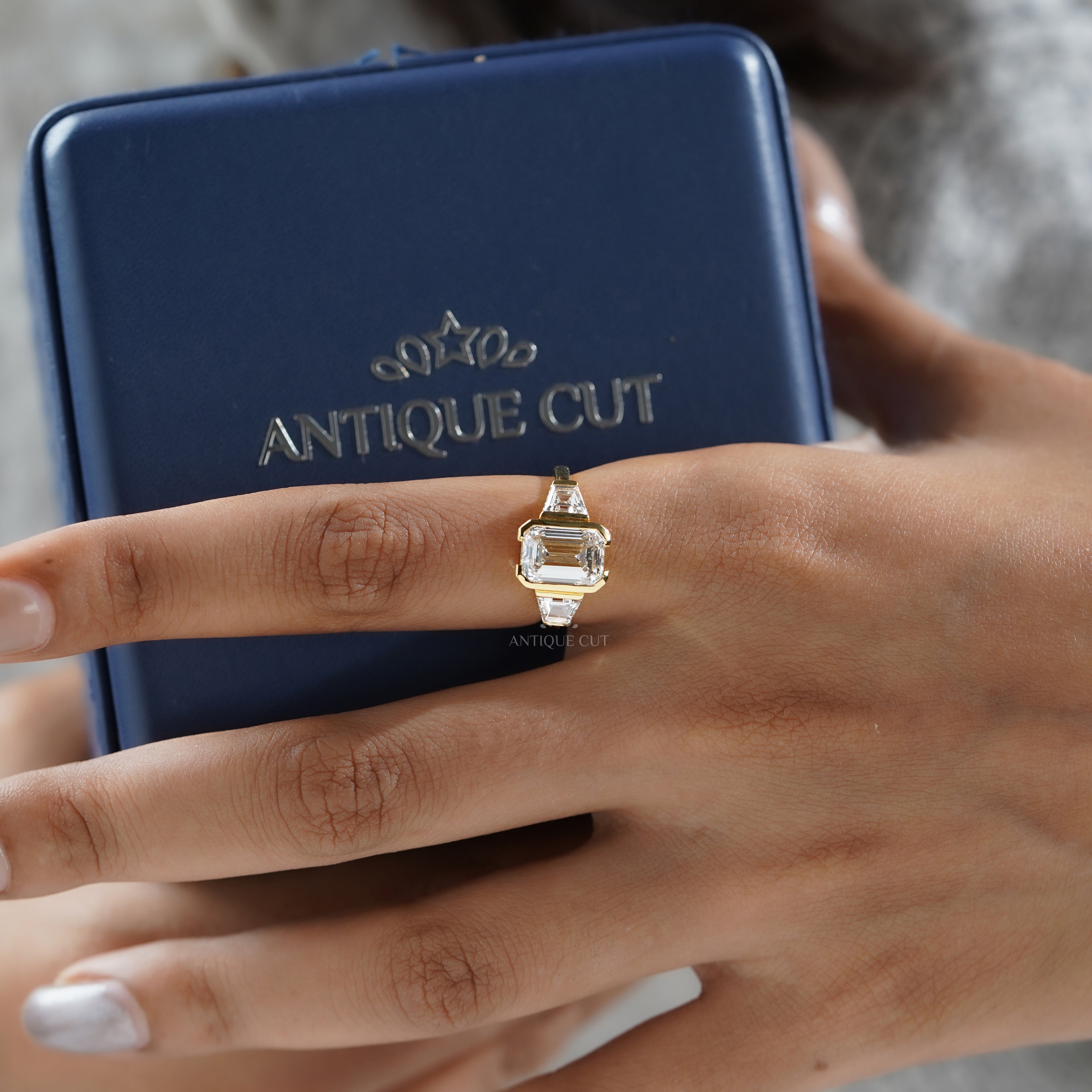 3.70tcw Emerald Lab-Grown Diamond Engagement Ring | 3.00ct Emerald + 0.70ct Trapezoid Side Stones | 14k Gold IGI Certified