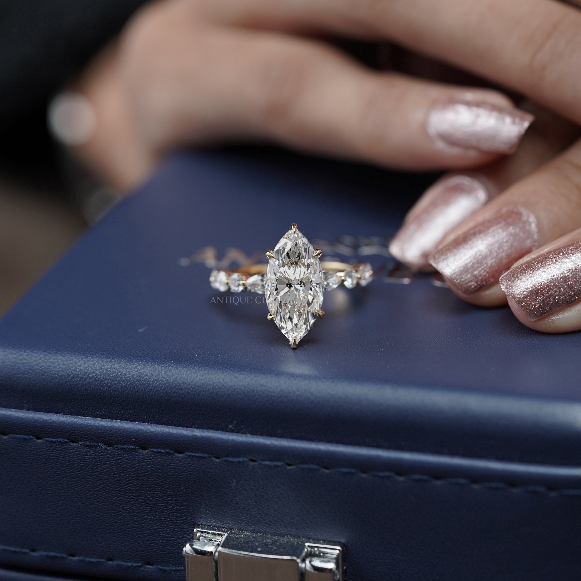 Marquise 4.00tcw Lab Grown Diamond Engagement Ring | IGI Certified | Yellow Gold | Unique Diamond Band