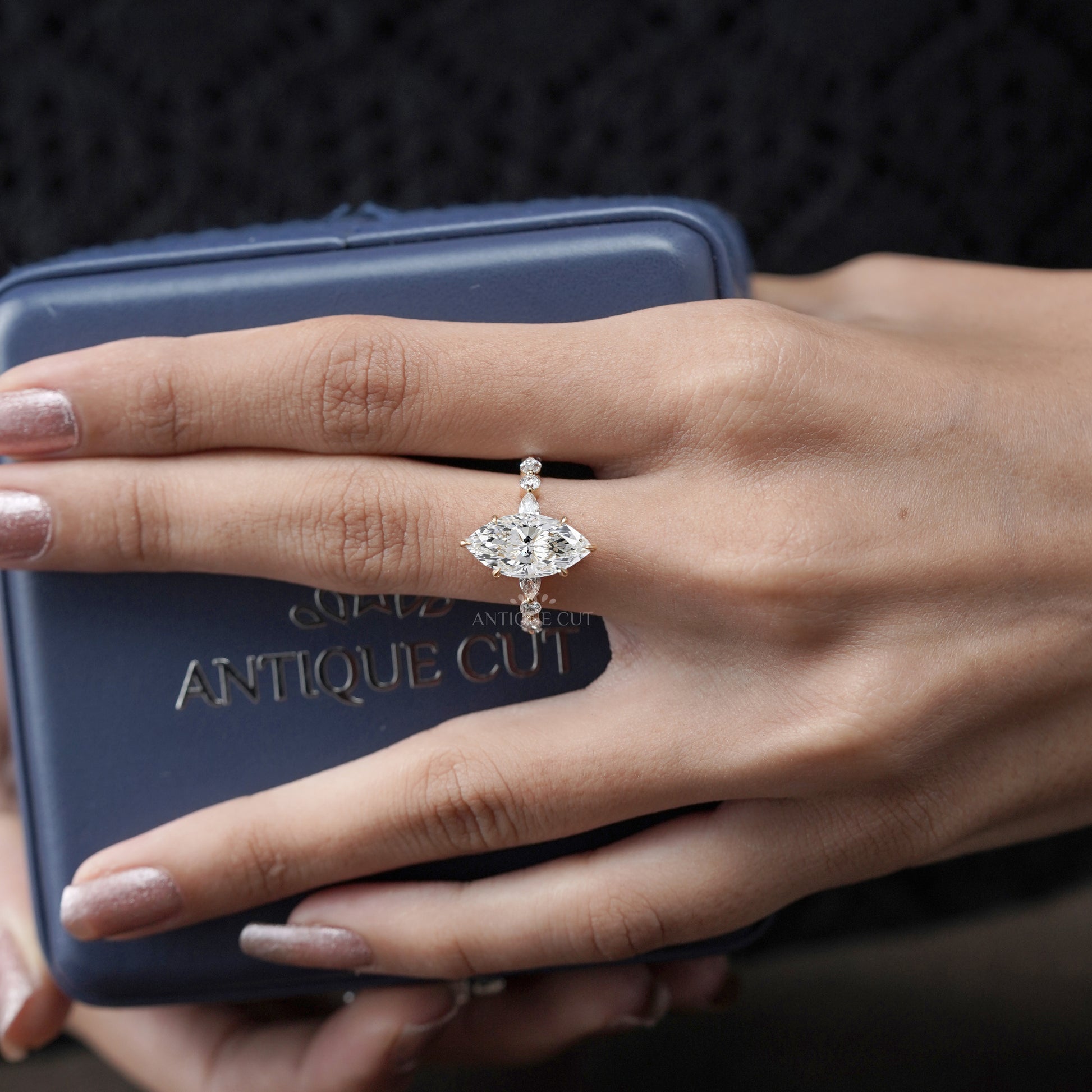 Marquise 4.00tcw Lab Grown Diamond Engagement Ring | IGI Certified | Yellow Gold | Unique Diamond Band