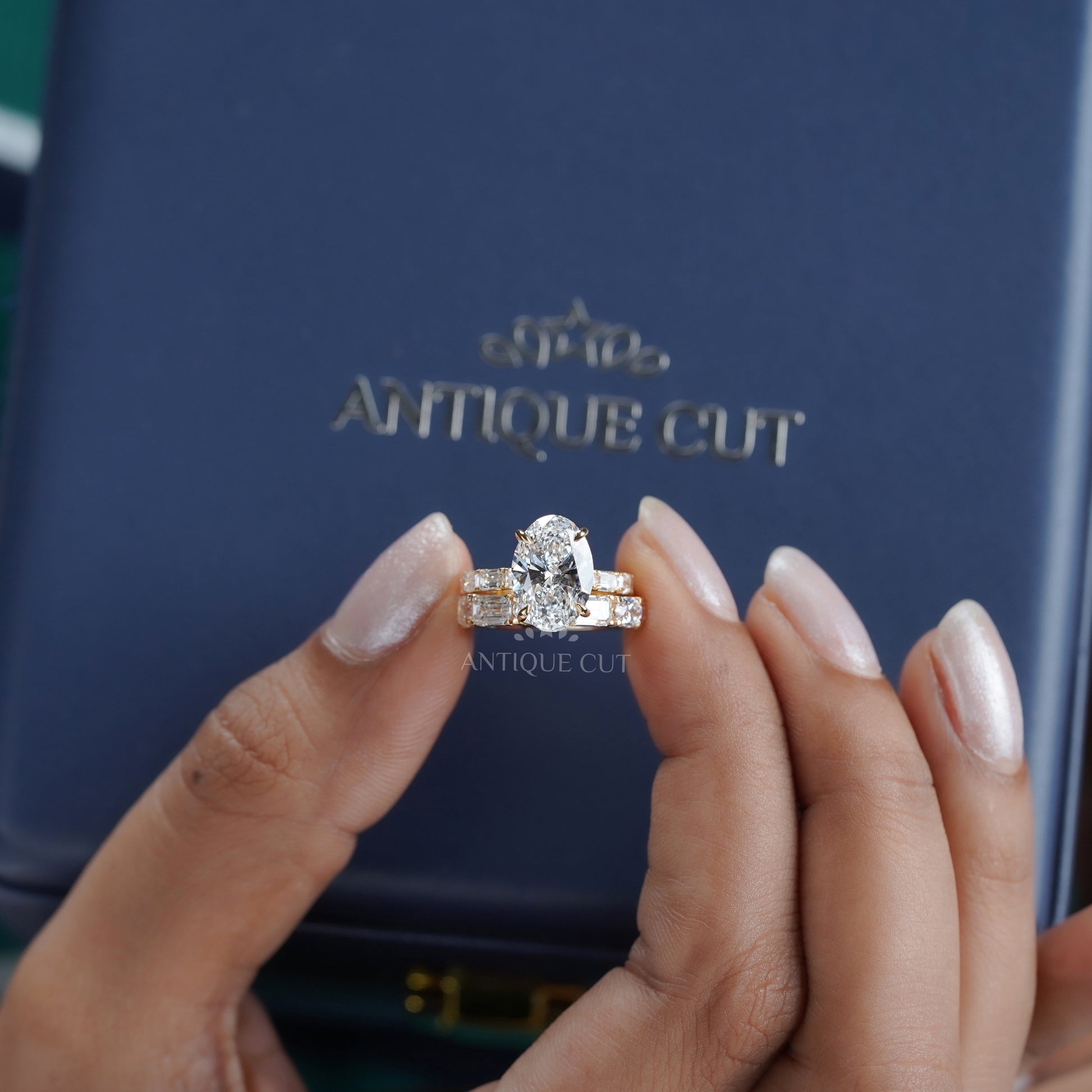 Oval 6.30tcw Lab Diamond Wedding Set | IGI Certified | Yellow Gold | Elegant 3-Stone + Matching Band