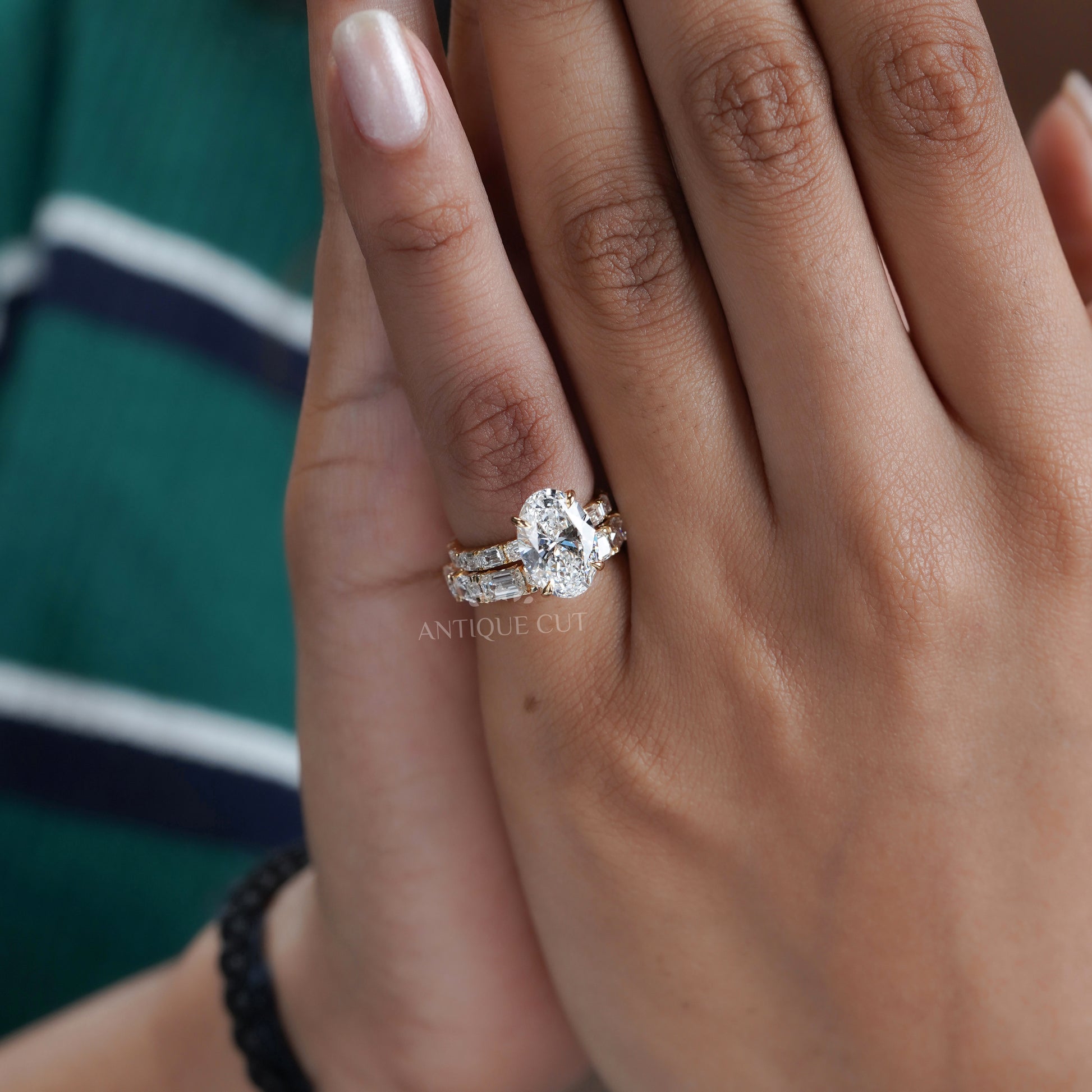 Oval 6.30tcw Lab Diamond Wedding Set | IGI Certified | Yellow Gold | Elegant 3-Stone + Matching Band