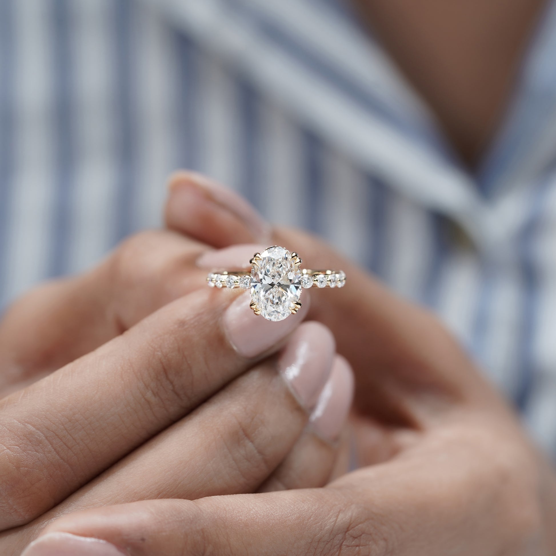 Oval 3.00tcw Lab Grown Diamond Engagement Ring | 2.40ct Oval Center + 0.60ct Side Stones | IGI Certified | Yellow Gold