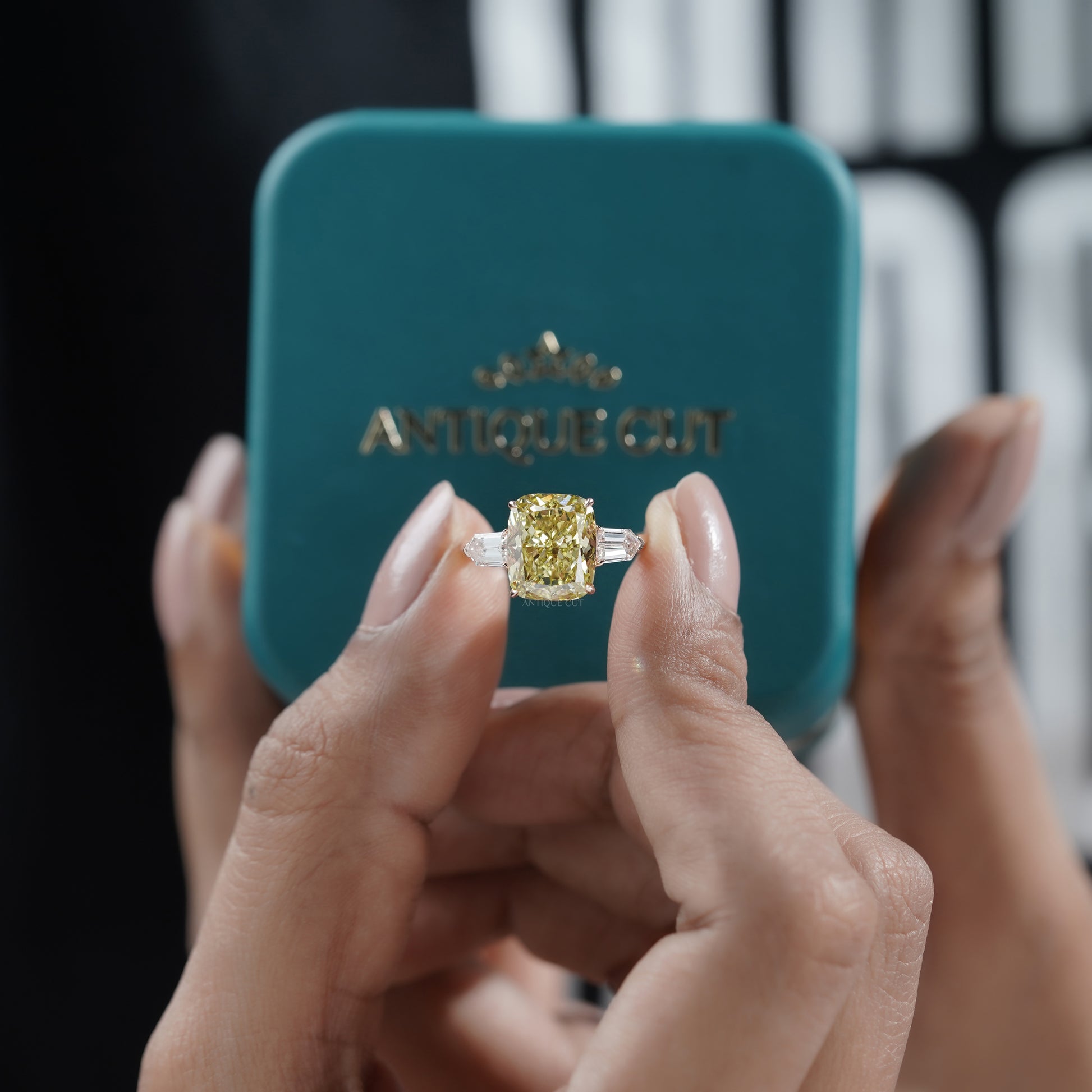 Fancy Yellow 6.50tcw Cushion Cut Lab Diamond Ring | Rose Gold Three-Stone | IGI Certified