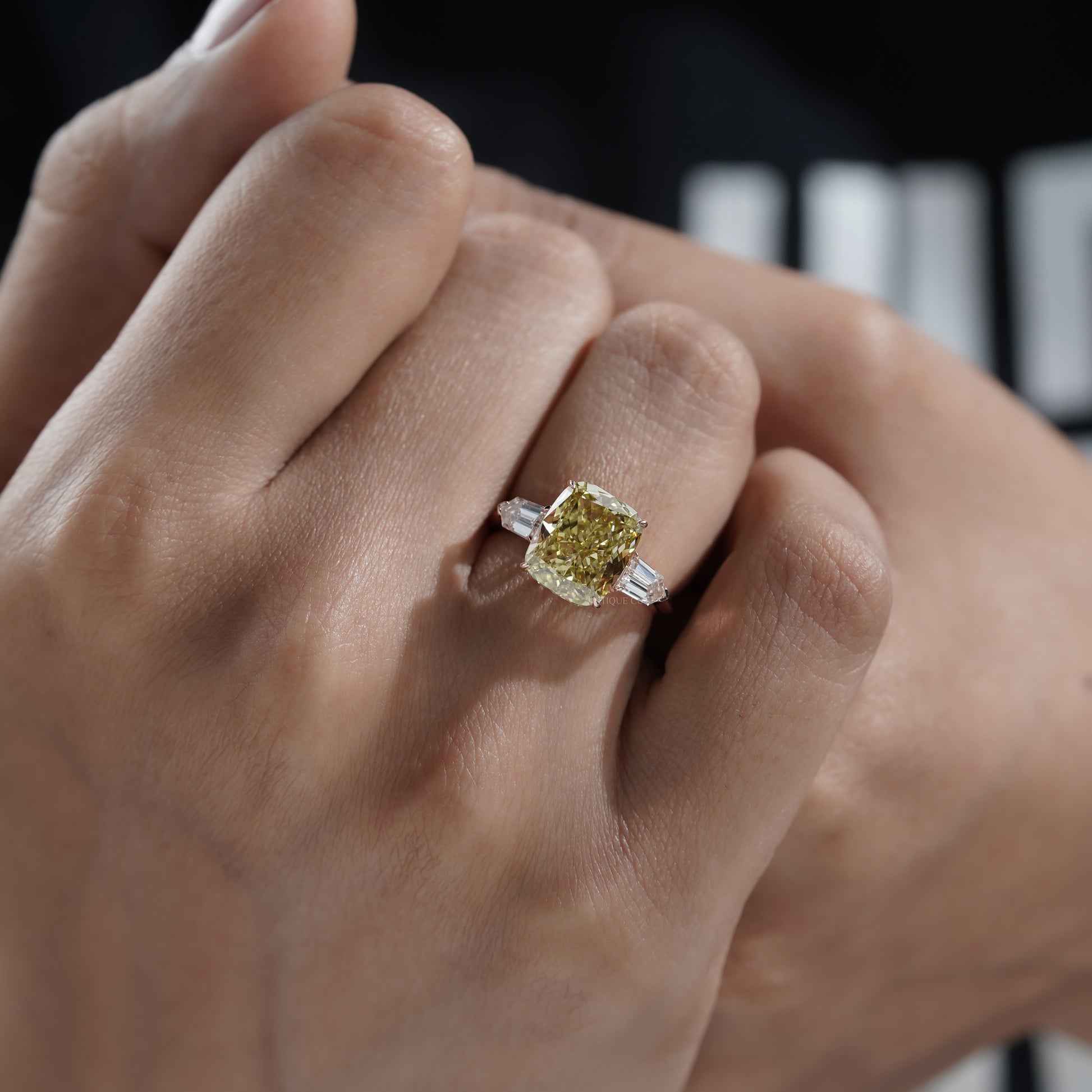 Fancy Yellow 6.50tcw Cushion Cut Lab Diamond Ring | Rose Gold Three-Stone | IGI Certified