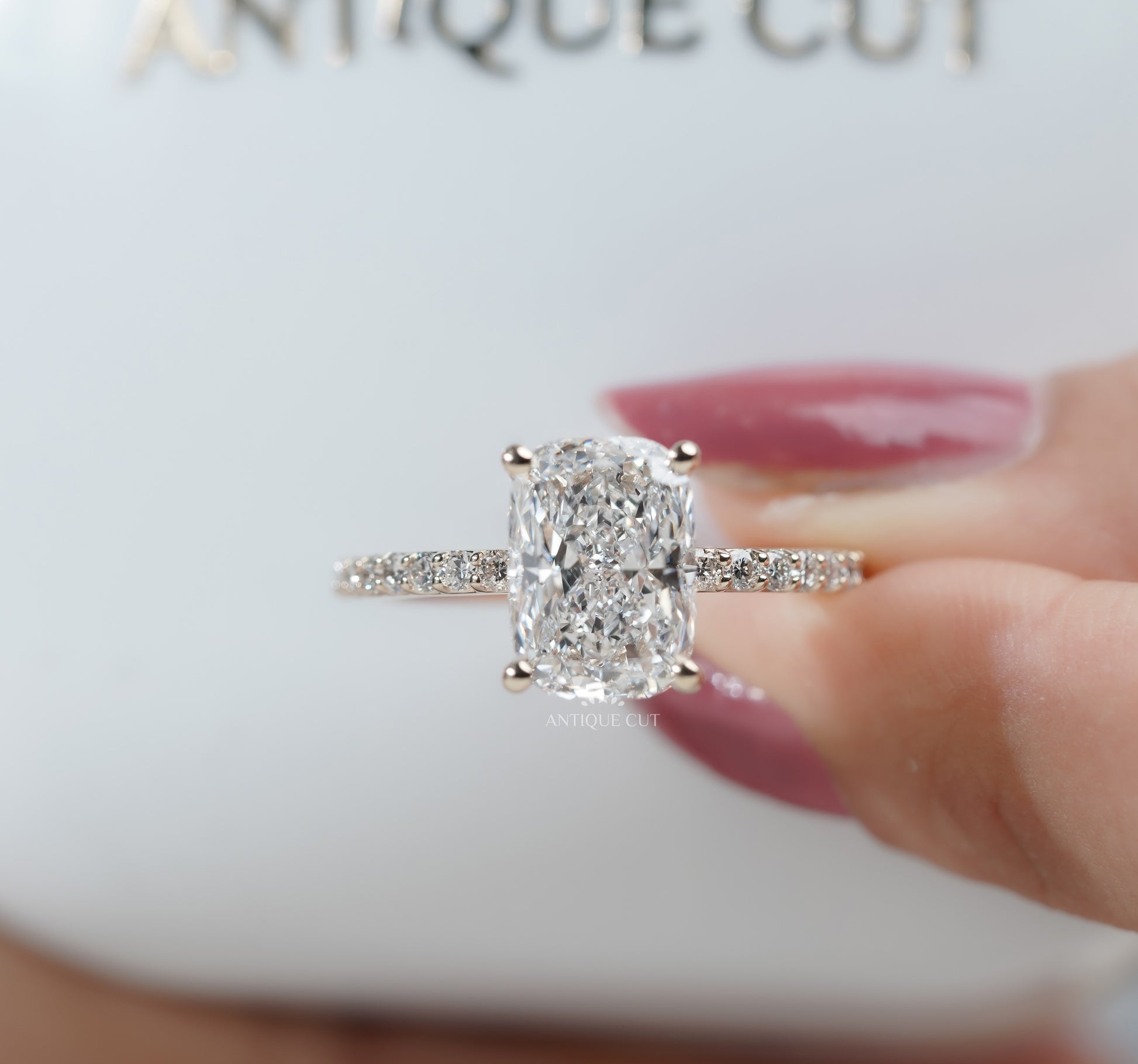 Cushion Cut Diamond Ring with Pave Band