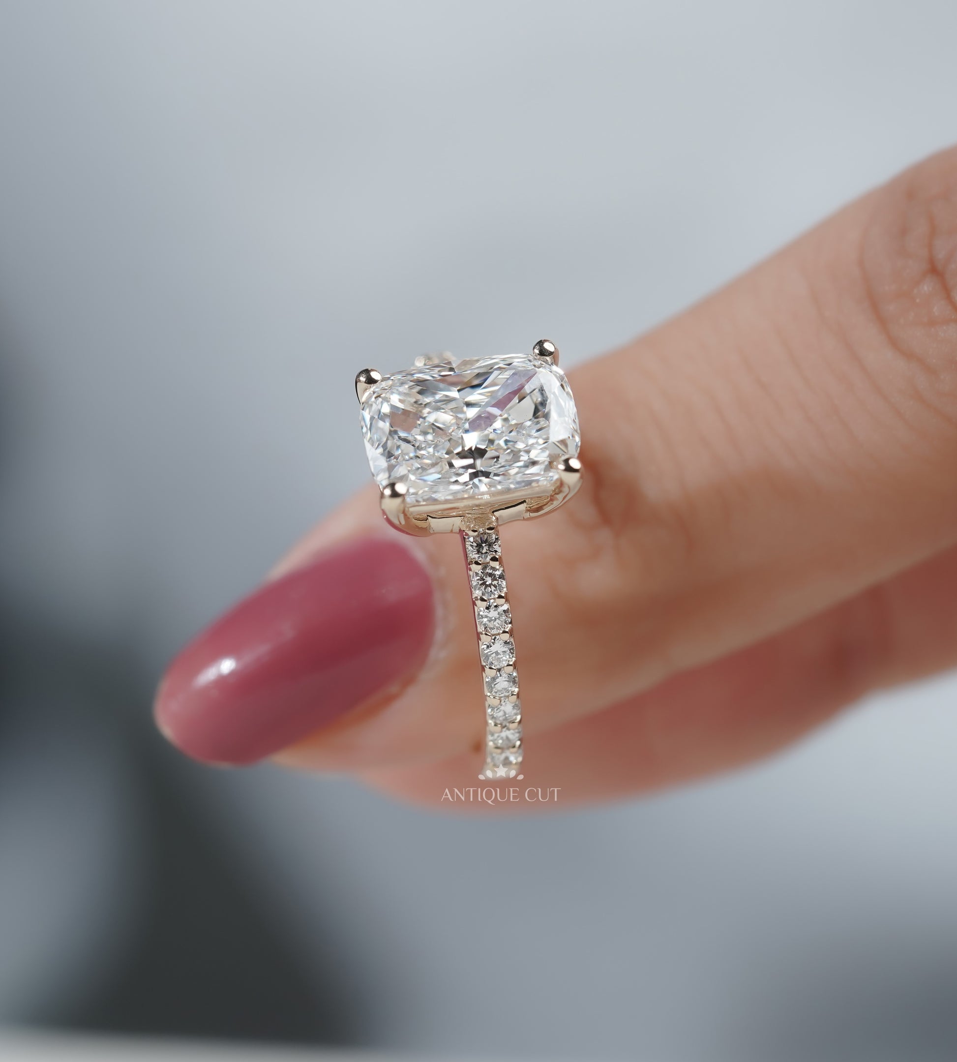 Cushion Cut Diamond Ring with Pave Band