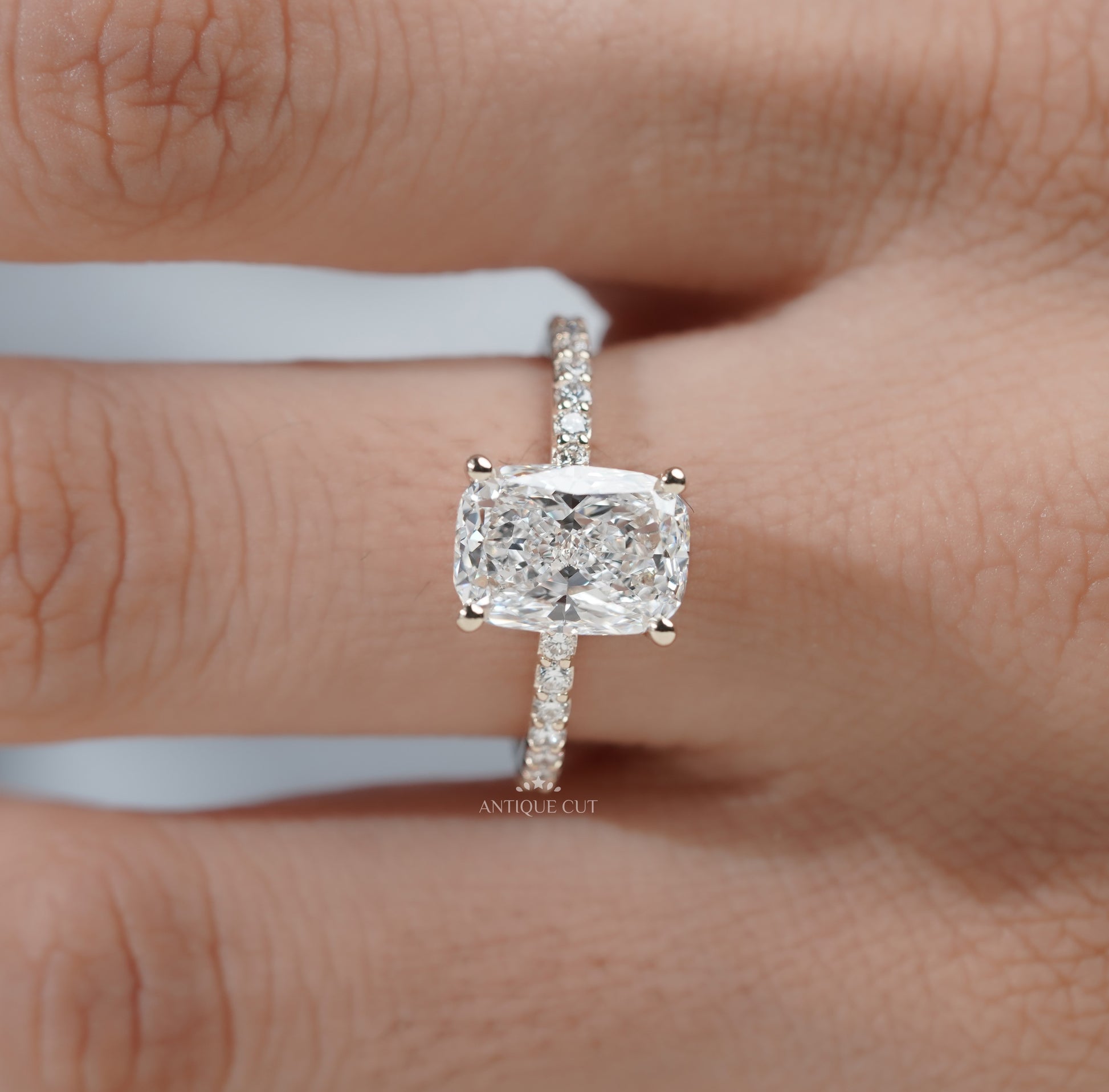Cushion Cut Diamond Ring with Pave Band
