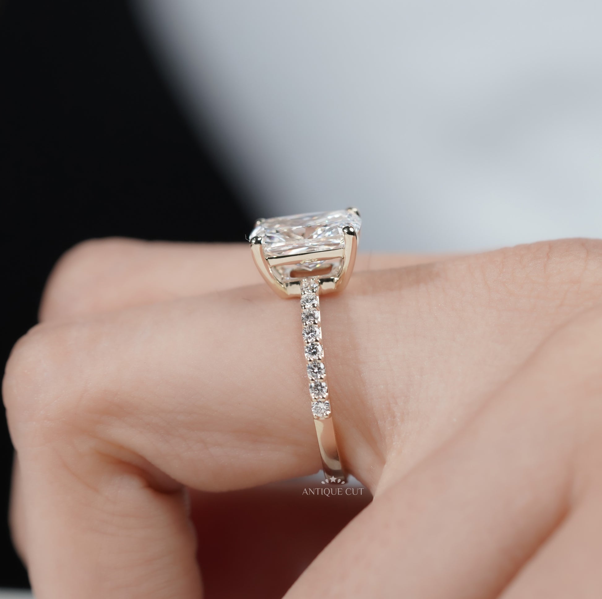 Cushion Cut Diamond Ring with Pave Band