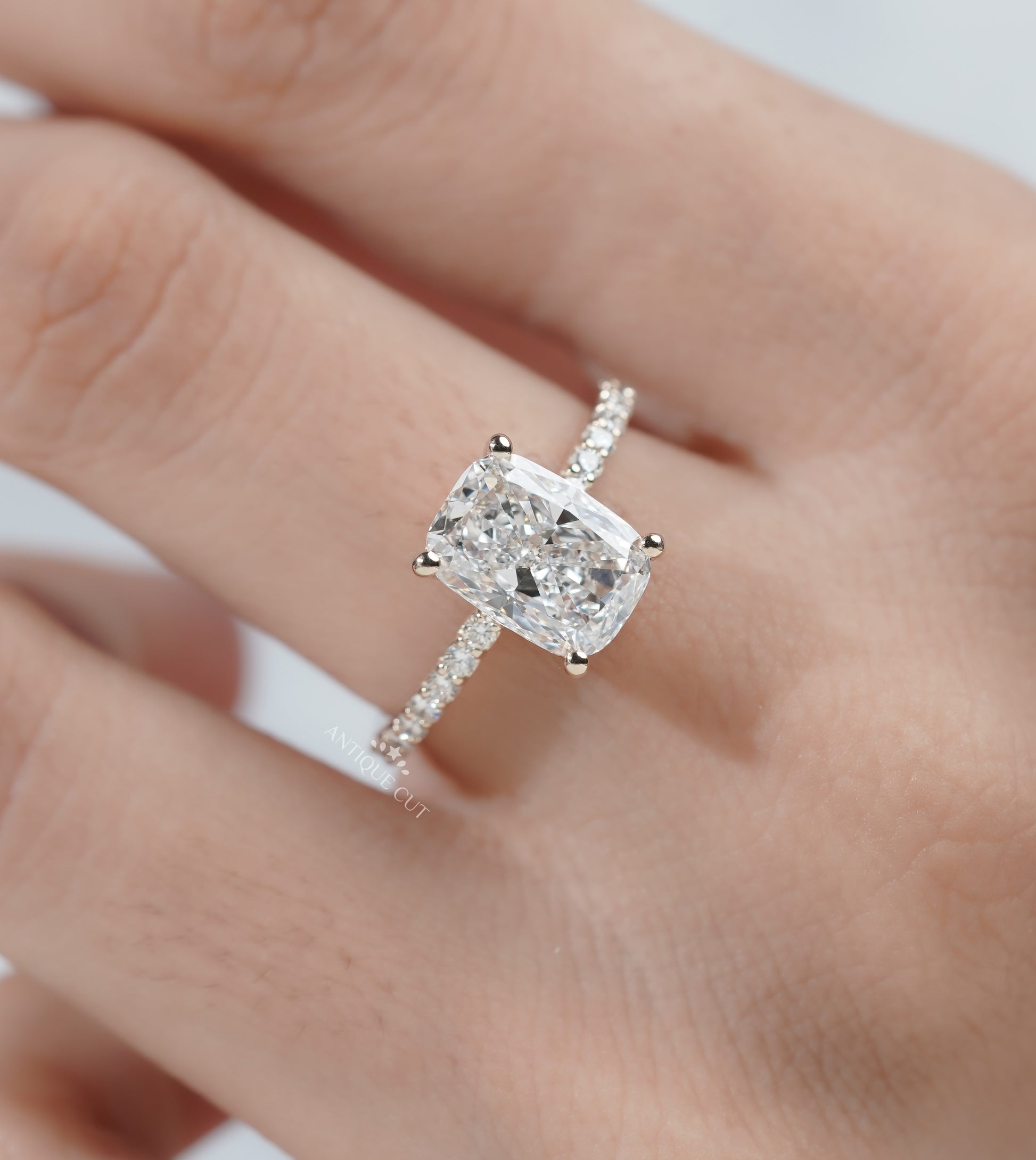Cushion Cut Diamond Ring with Pave Band