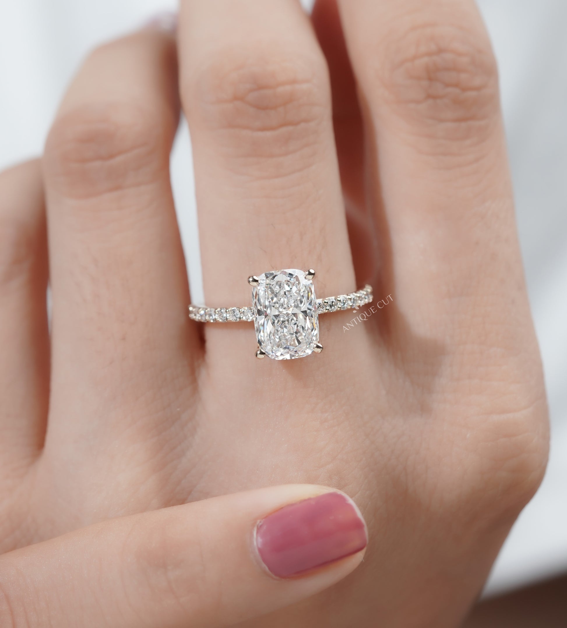 Cushion Cut Diamond Ring with Pave Band