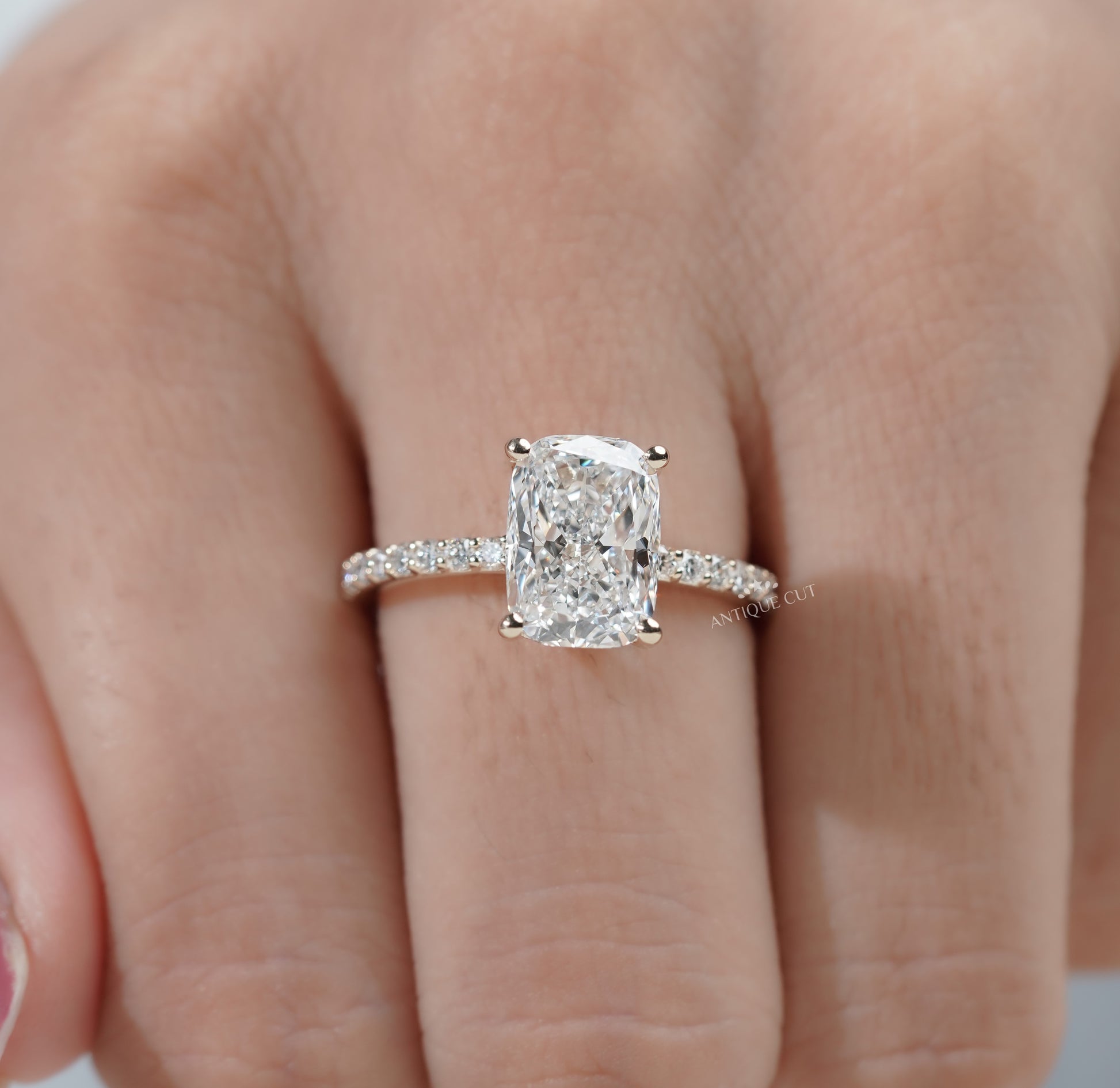 Cushion Cut Diamond Ring with Pave Band