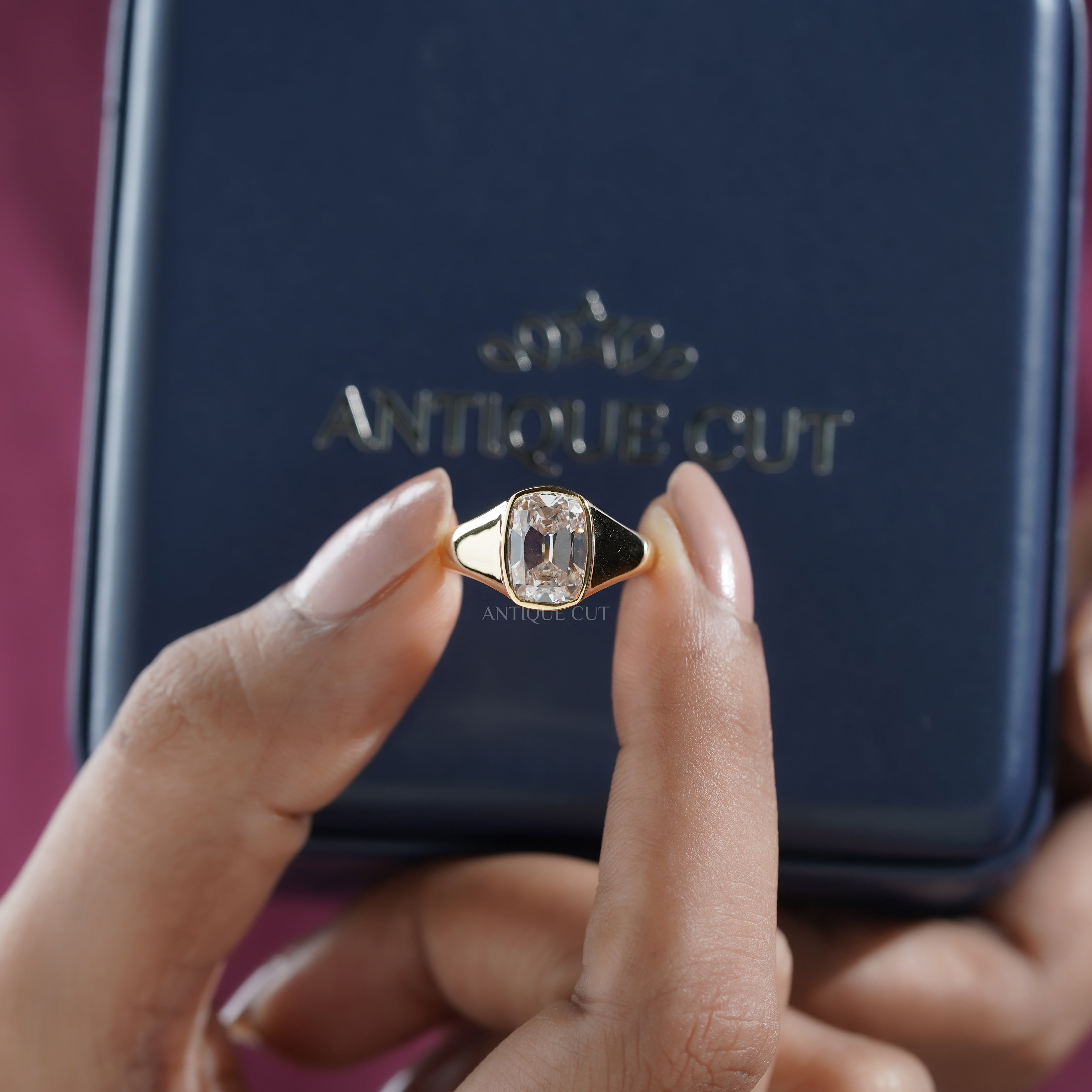 3ct Cushion Lab-Grown Diamond Bezel Ring | Solid Yellow Gold | IGI Certified D-E-F | VVS–VS