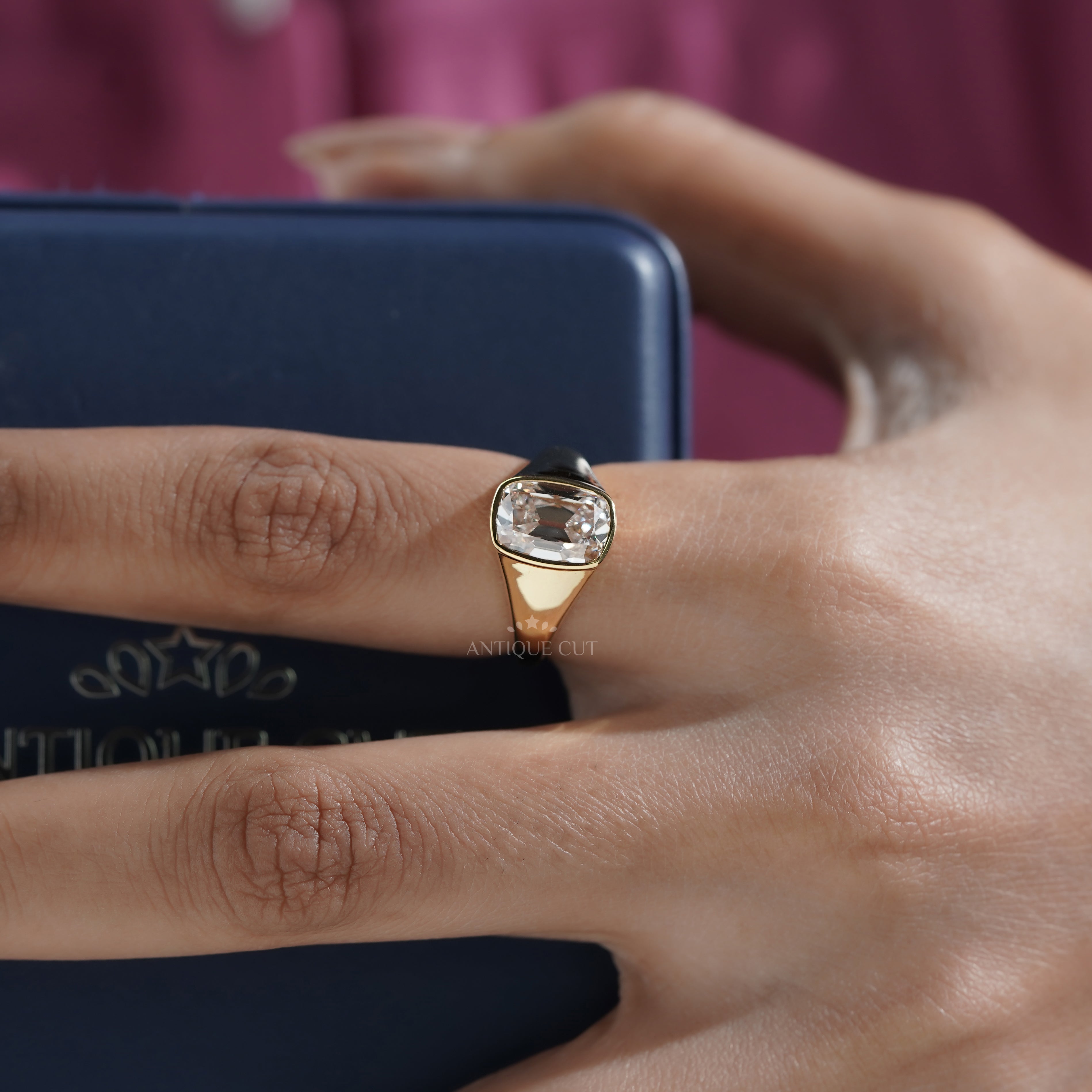 3ct Cushion Lab-Grown Diamond Bezel Ring | Solid Yellow Gold | IGI Certified D-E-F | VVS–VS
