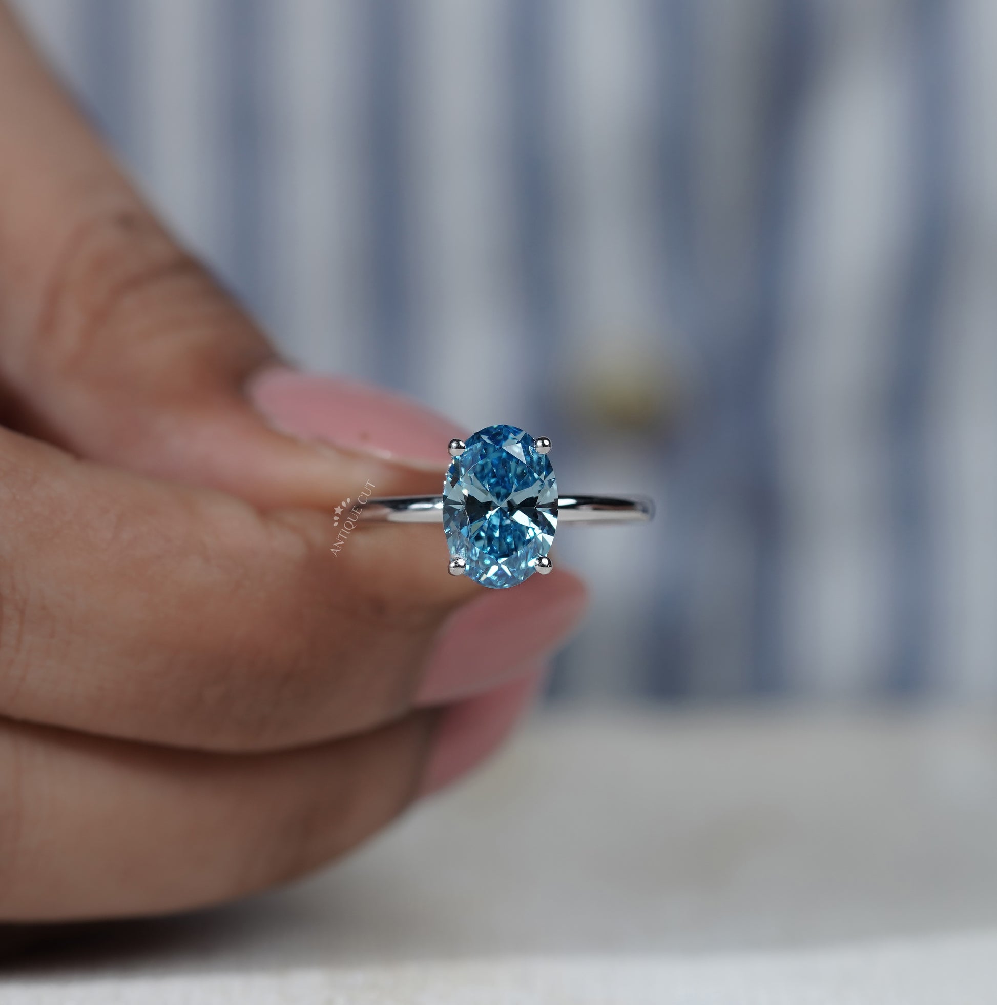 Lab Grown Oval Cut Blue Diamond Engagement Ring