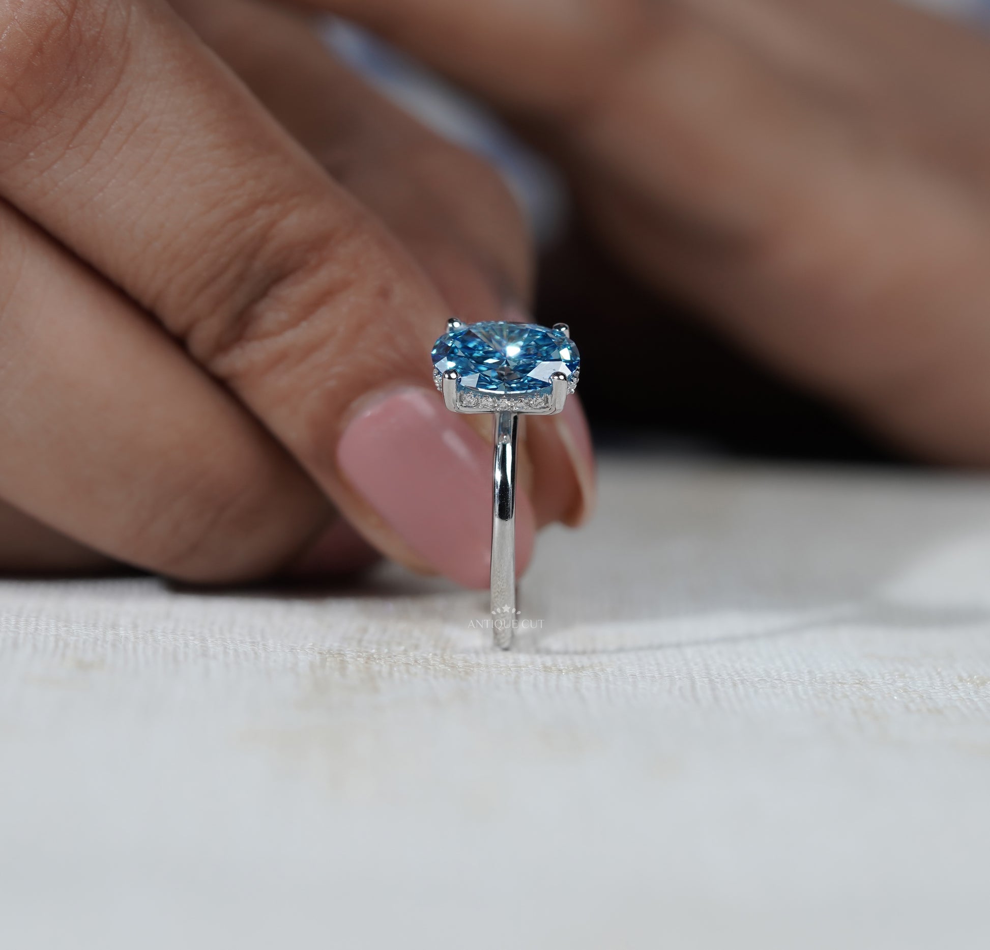 Lab Grown Oval Cut Blue Diamond Engagement Ring