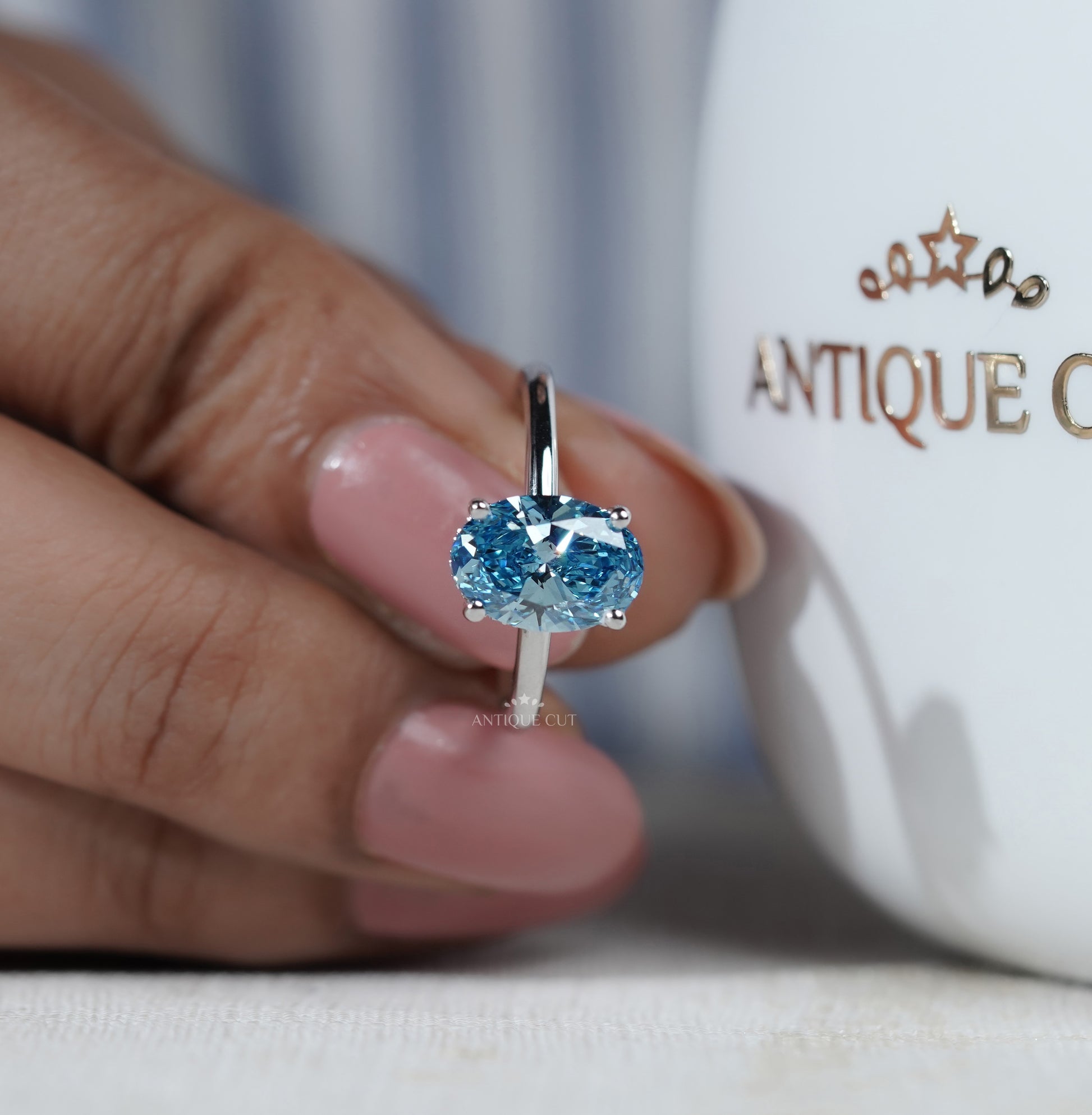 Lab Grown Oval Cut Blue Diamond Engagement Ring