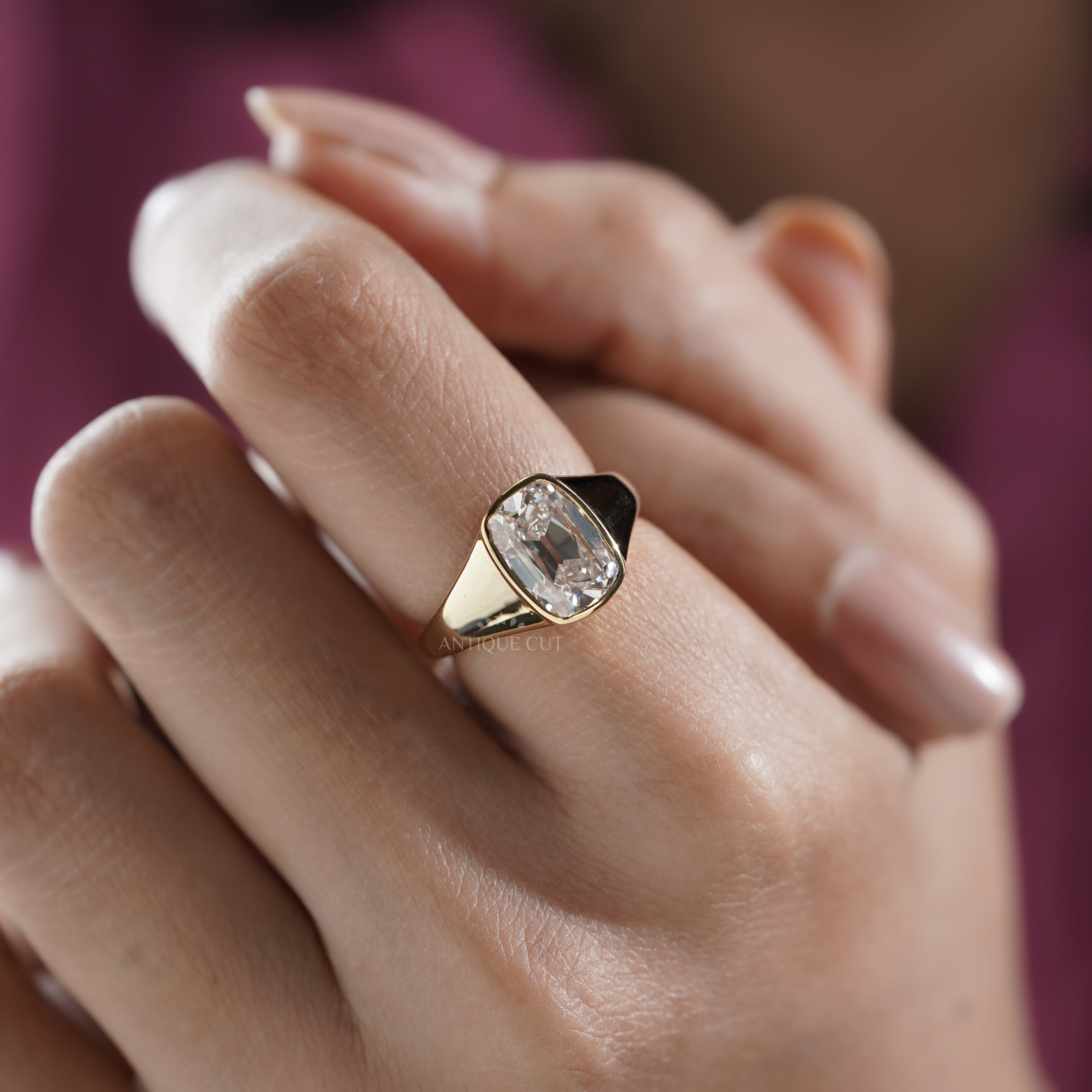 3ct Cushion Lab-Grown Diamond Bezel Ring | Solid Yellow Gold | IGI Certified D-E-F | VVS–VS