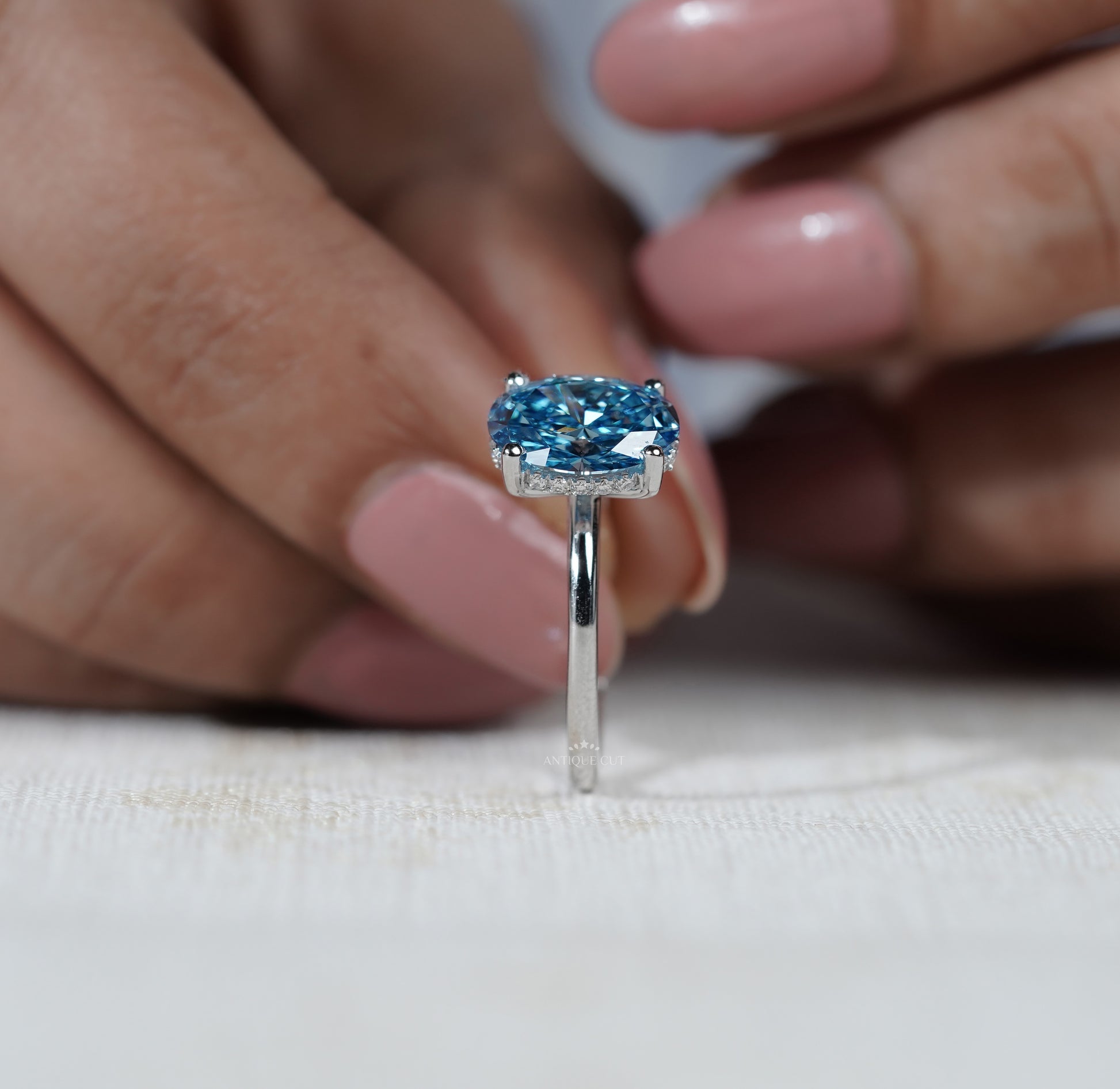 Lab Grown Oval Cut Blue Diamond Engagement Ring