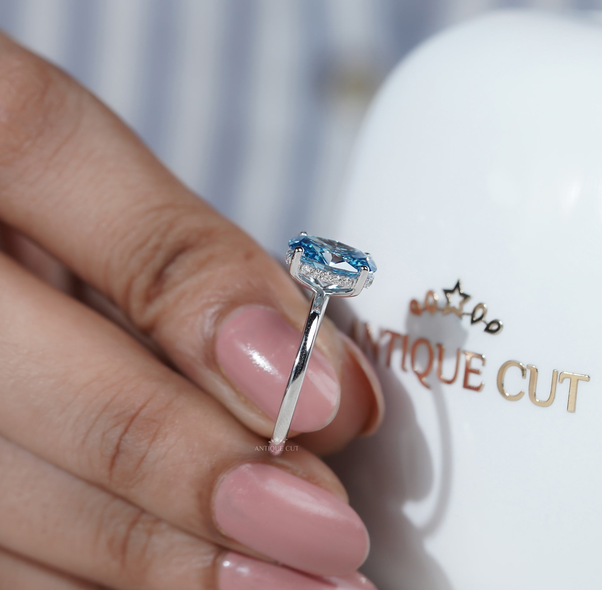 Lab Grown Oval Cut Blue Diamond Engagement Ring