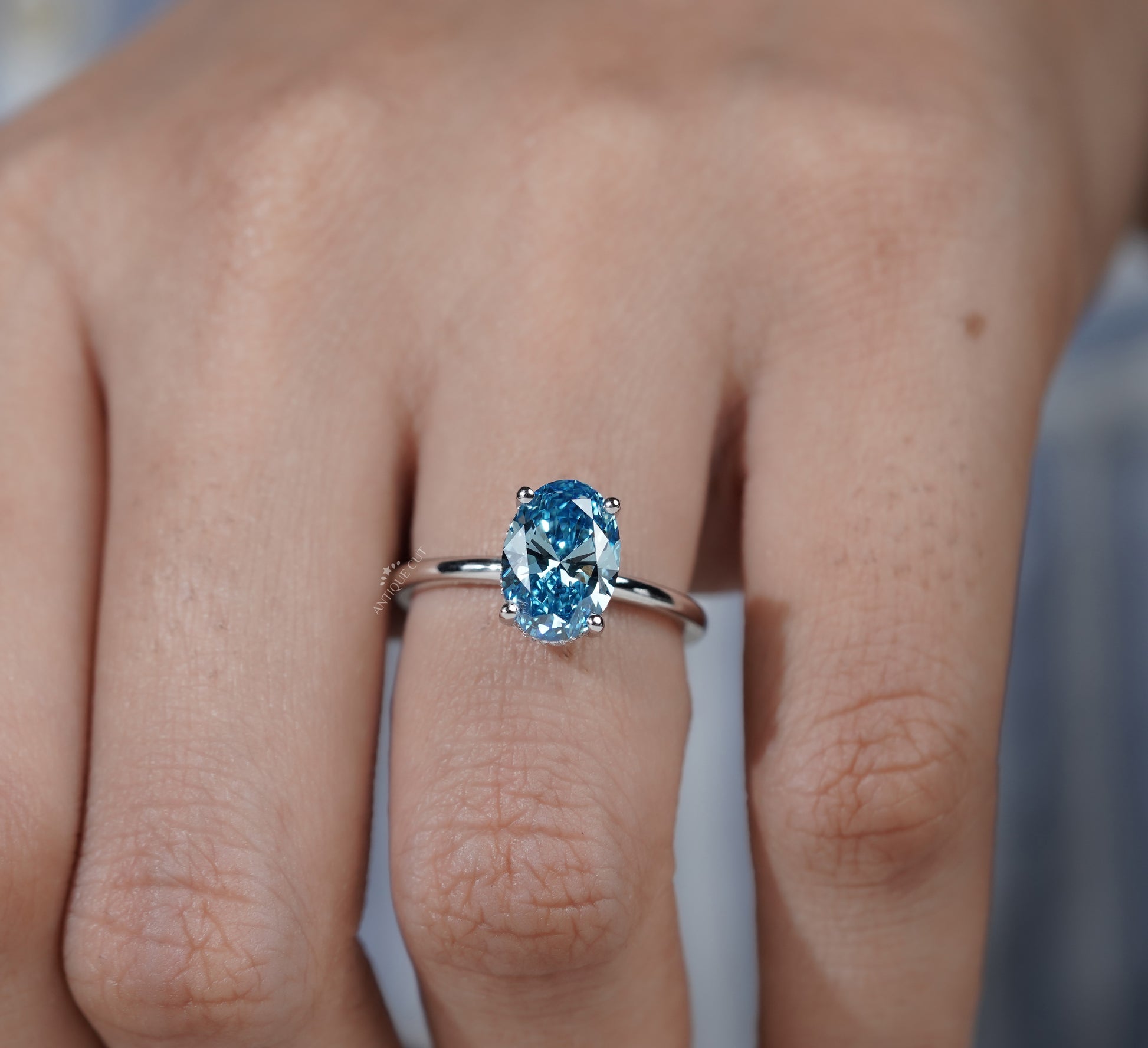 Lab Grown Oval Cut Blue Diamond Engagement Ring