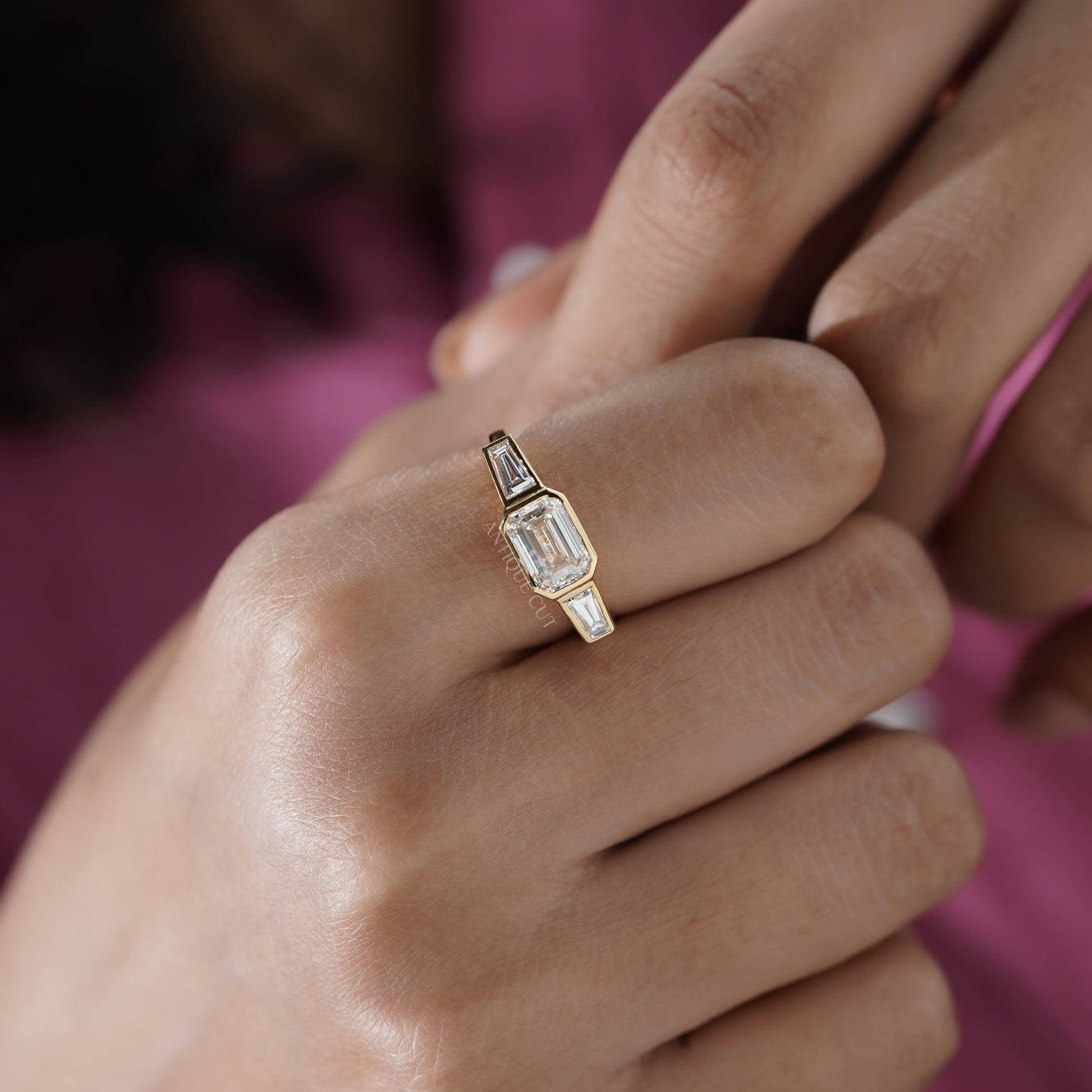 Emerald 2.20tcw Lab Grown Diamond Three Stone Engagement Ring in Yellow Gold