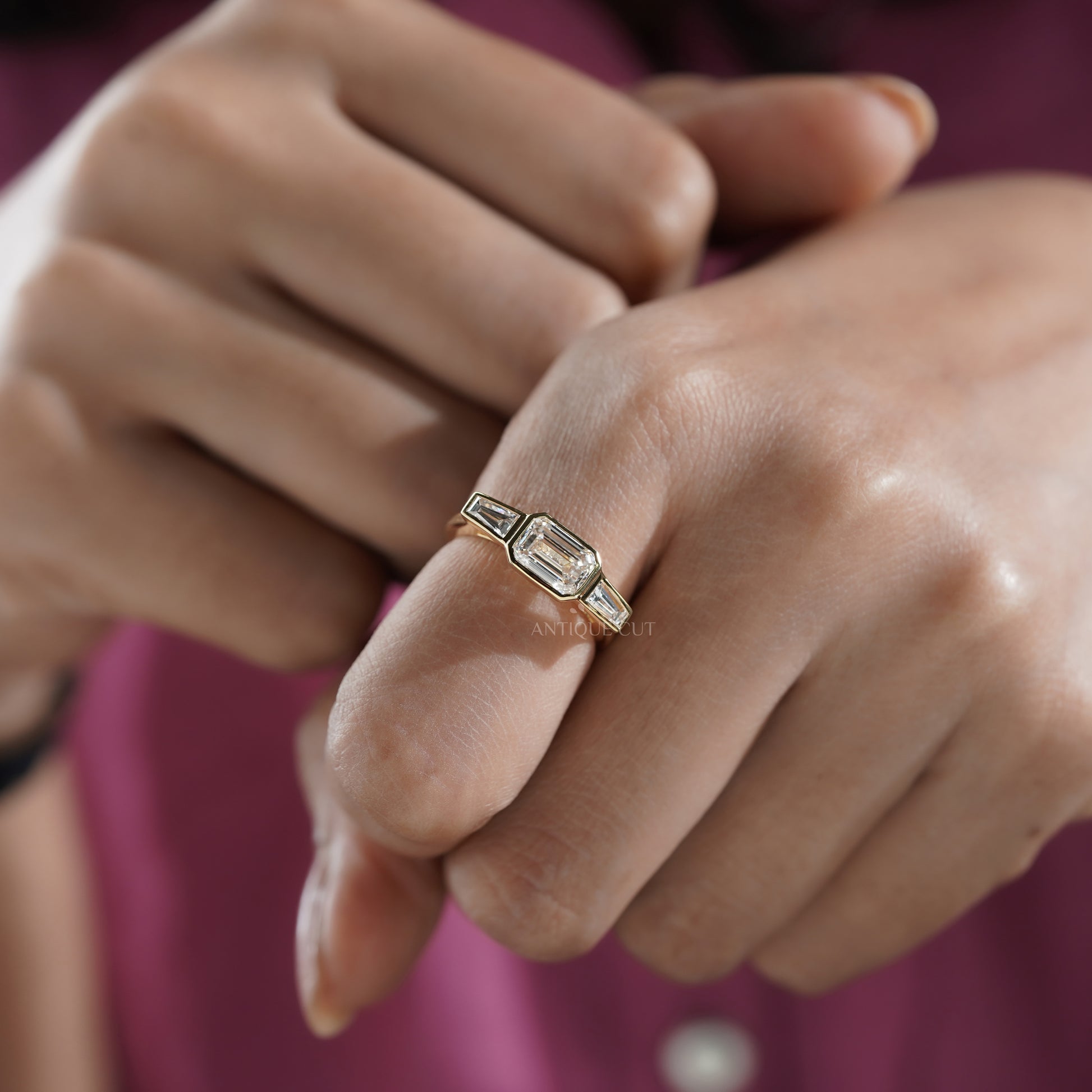 Emerald 2.20tcw Lab Grown Diamond Three Stone Engagement Ring in Yellow Gold