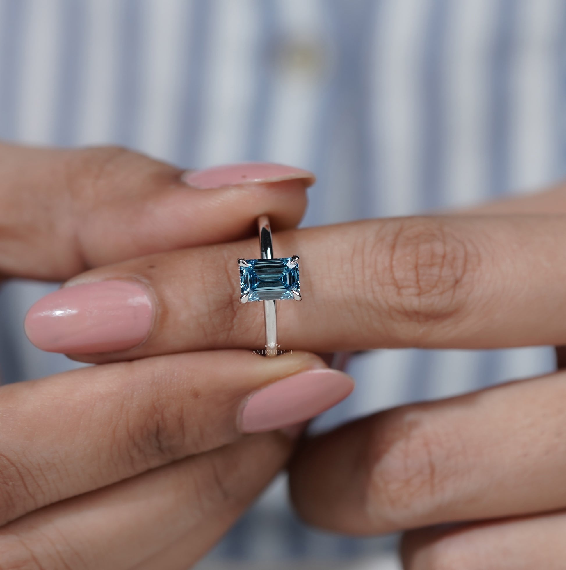 Lab Grown Blue Diamond Emerald Cut Engagement Ring