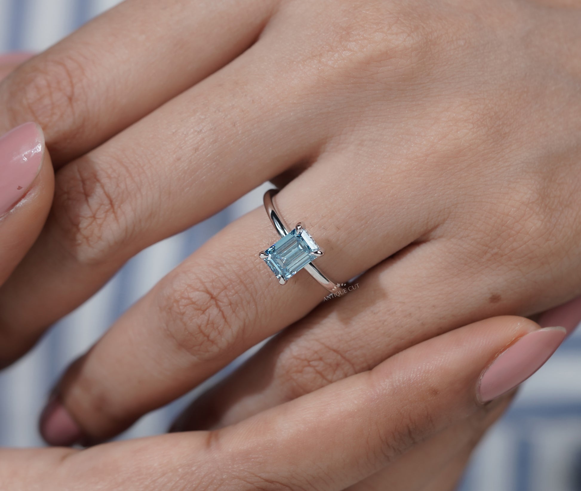 Lab Grown Blue Diamond Emerald Cut Engagement Ring