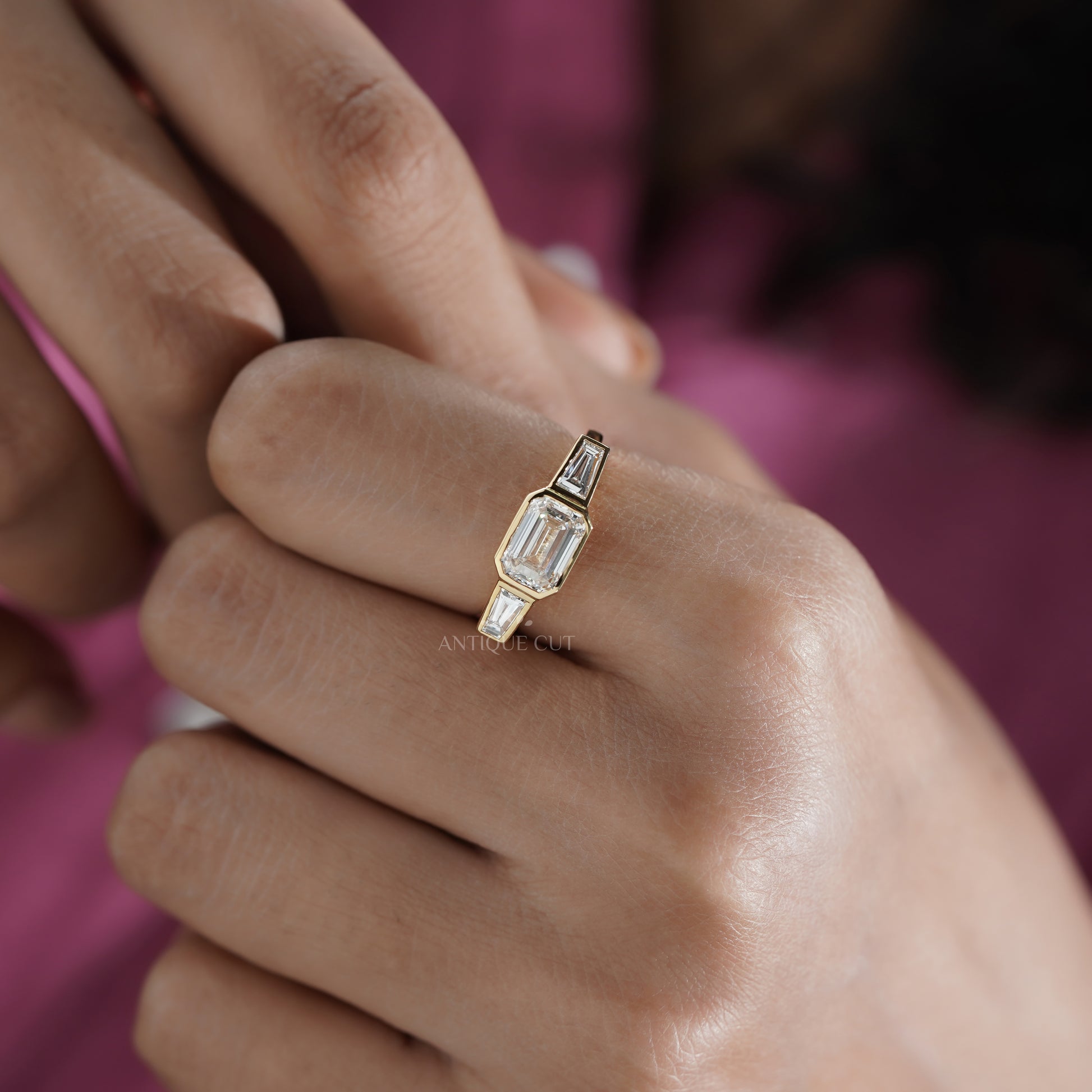 Emerald 2.20tcw Lab Grown Diamond Three Stone Engagement Ring in Yellow Gold