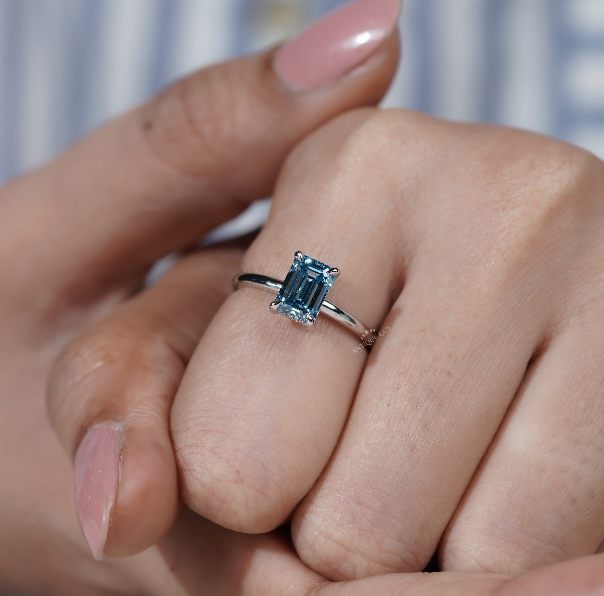 Lab Grown Blue Diamond Emerald Cut Engagement Ring