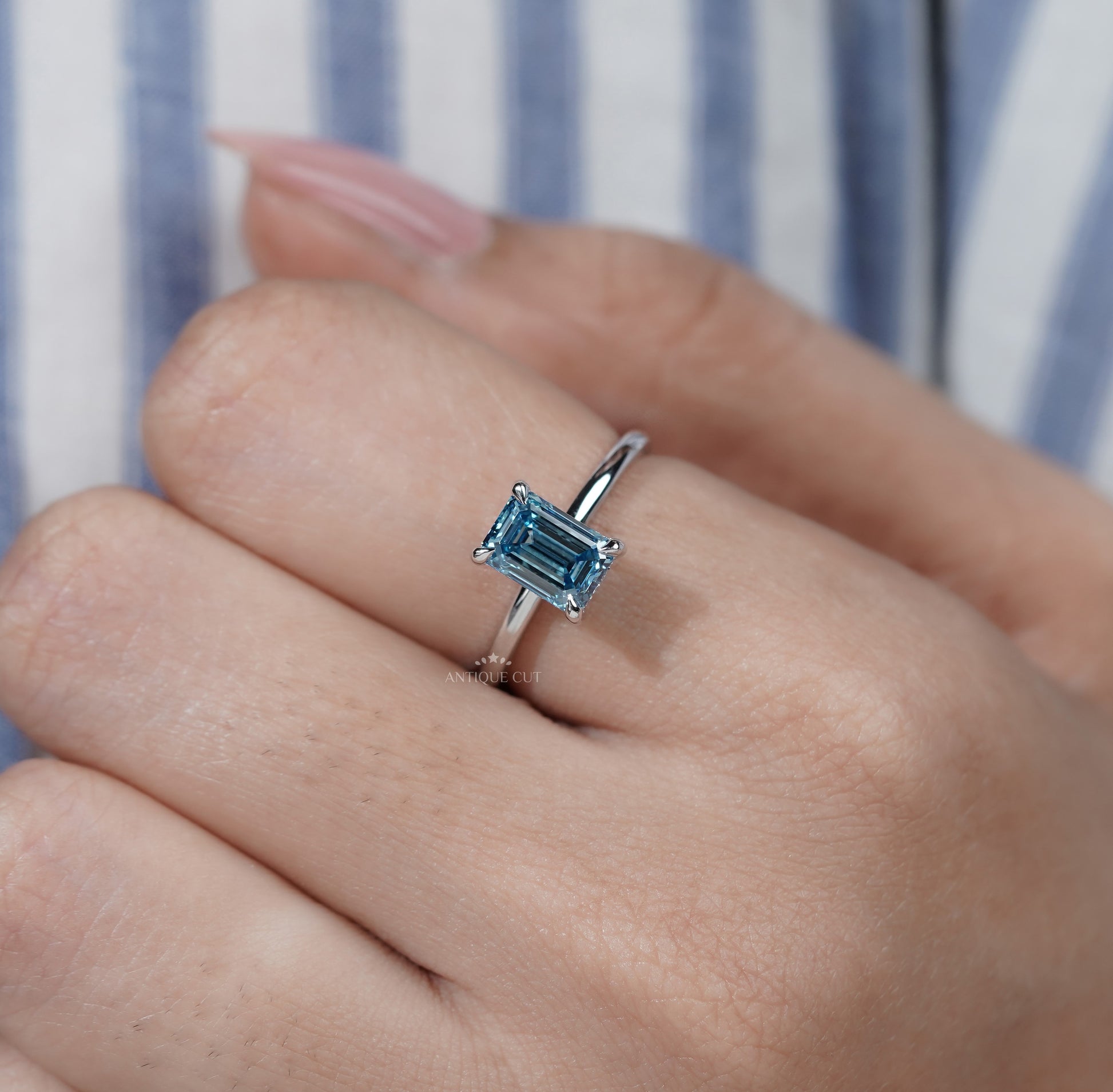 Lab Grown Blue Diamond Emerald Cut Engagement Ring