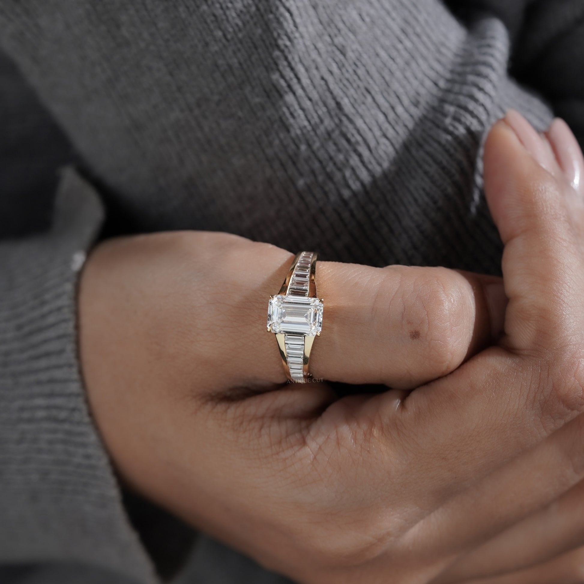 Emerald 3.70tcw Lab Diamond Ring with Baguette Sides | IGI Certified