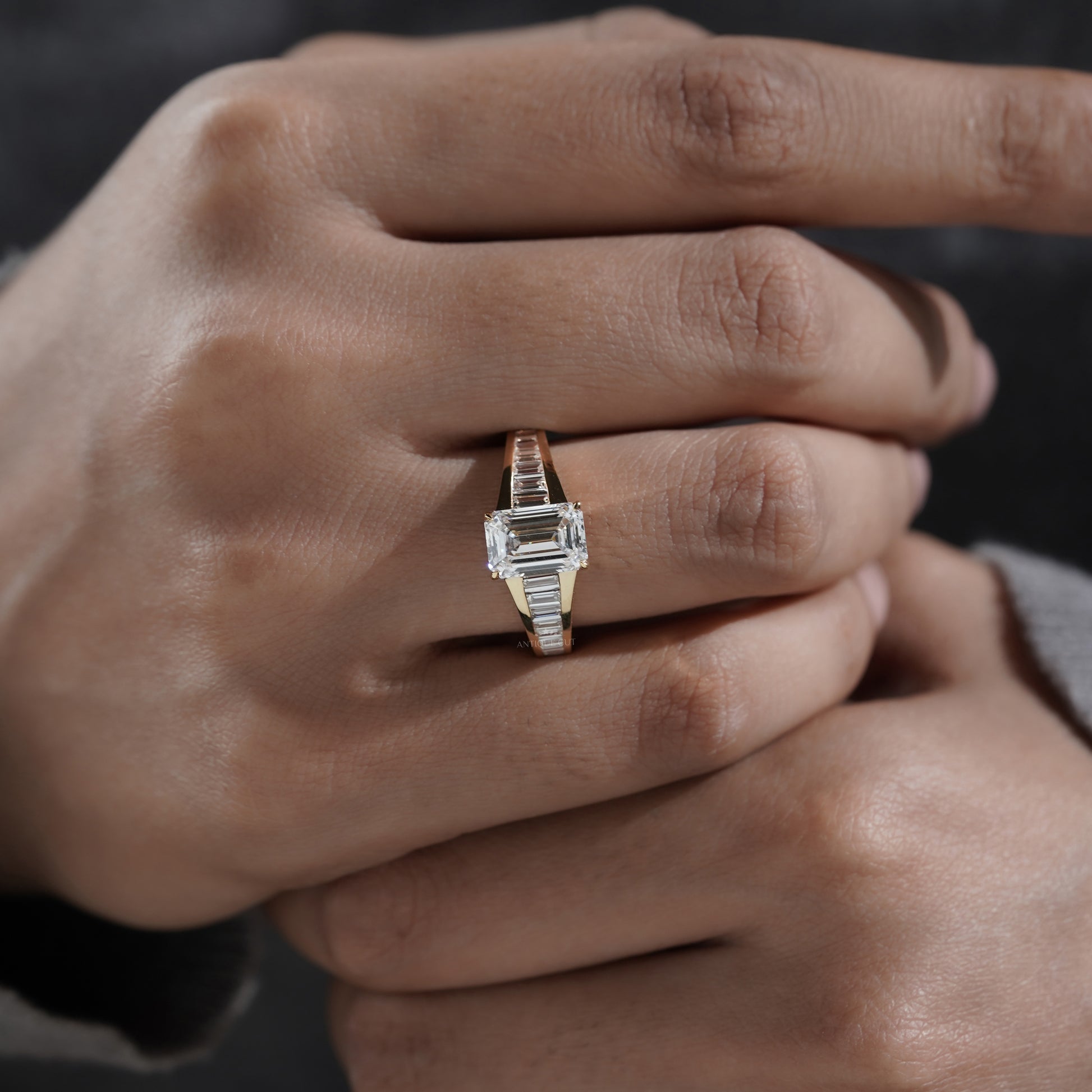 Emerald 3.70tcw Lab Diamond Ring with Baguette Sides | IGI Certified