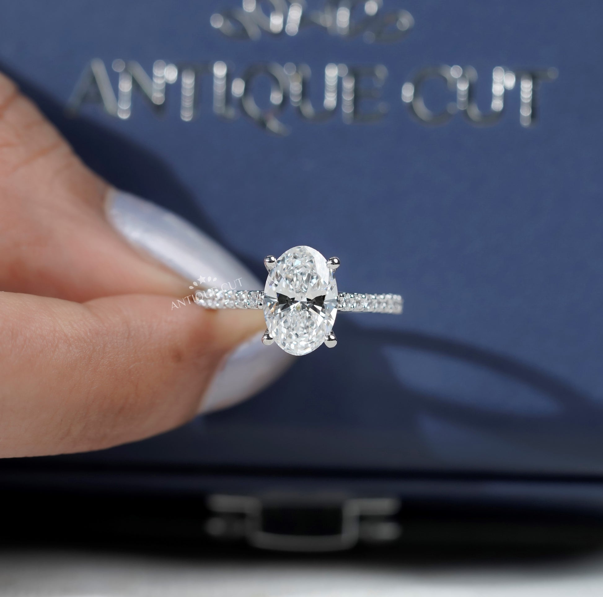 Oval Engagement Ring with Pave Band in White Gold