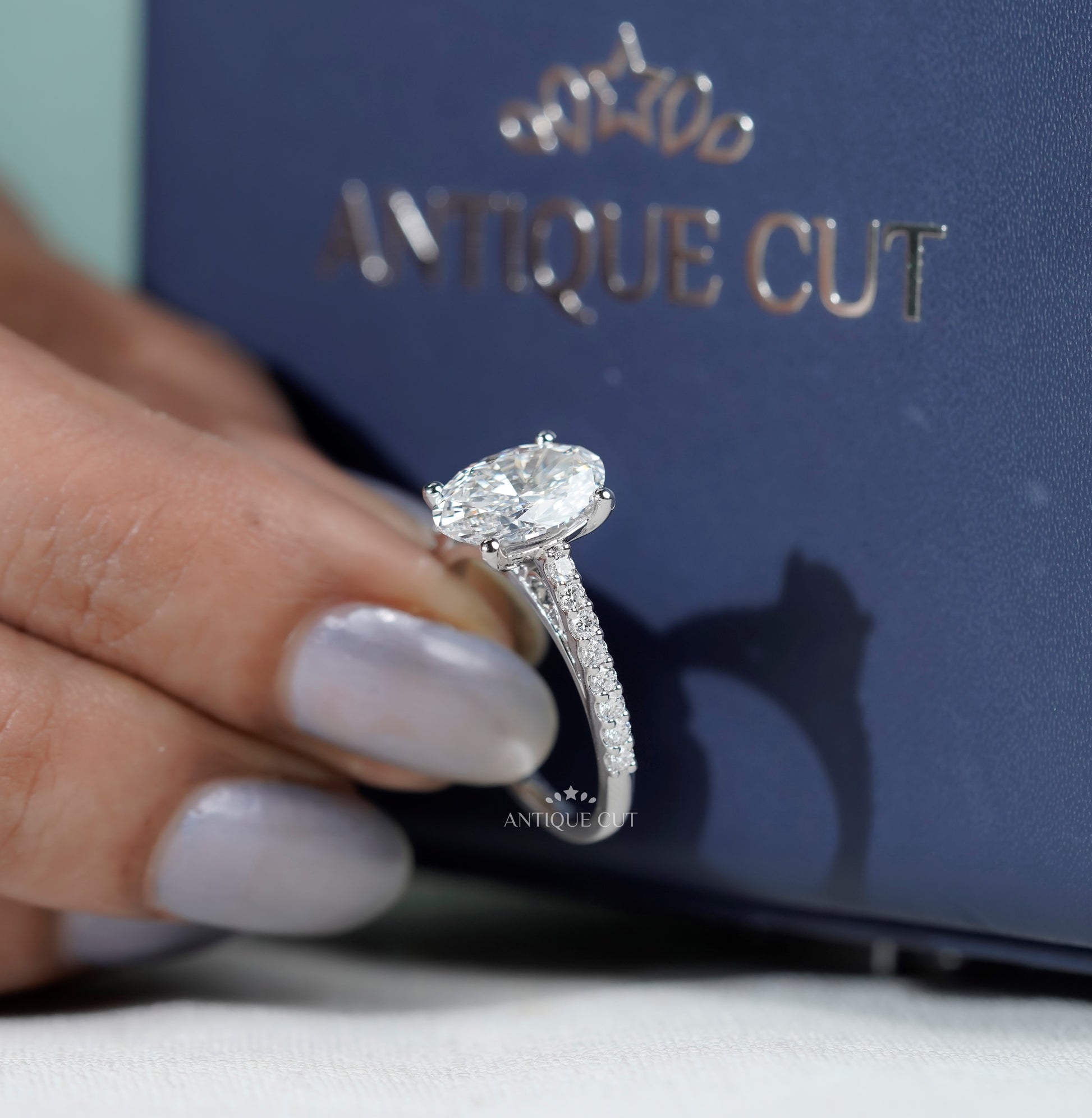 Oval Engagement Ring with Pave Band in White Gold