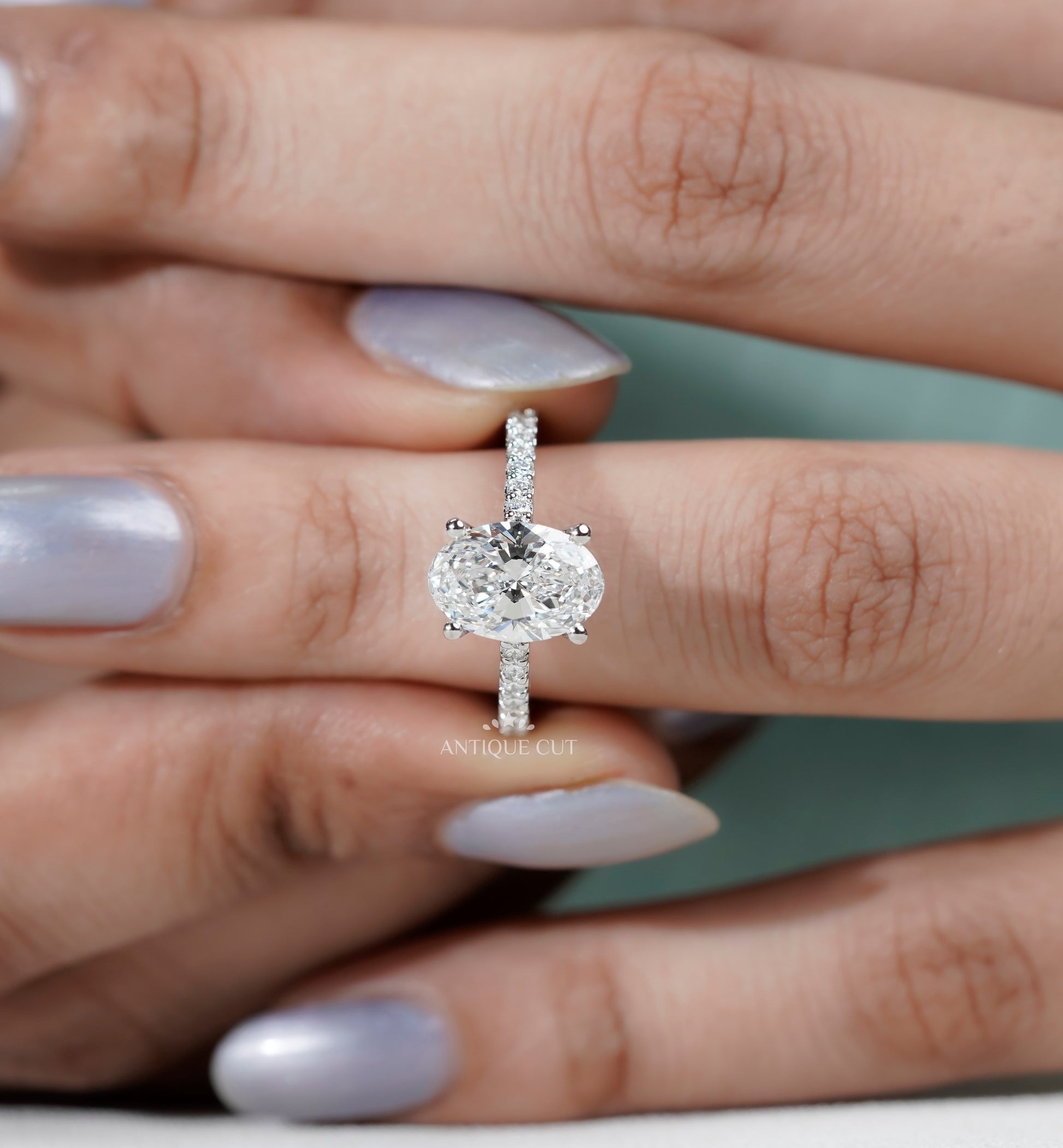 Oval Engagement Ring with Pave Band in White Gold