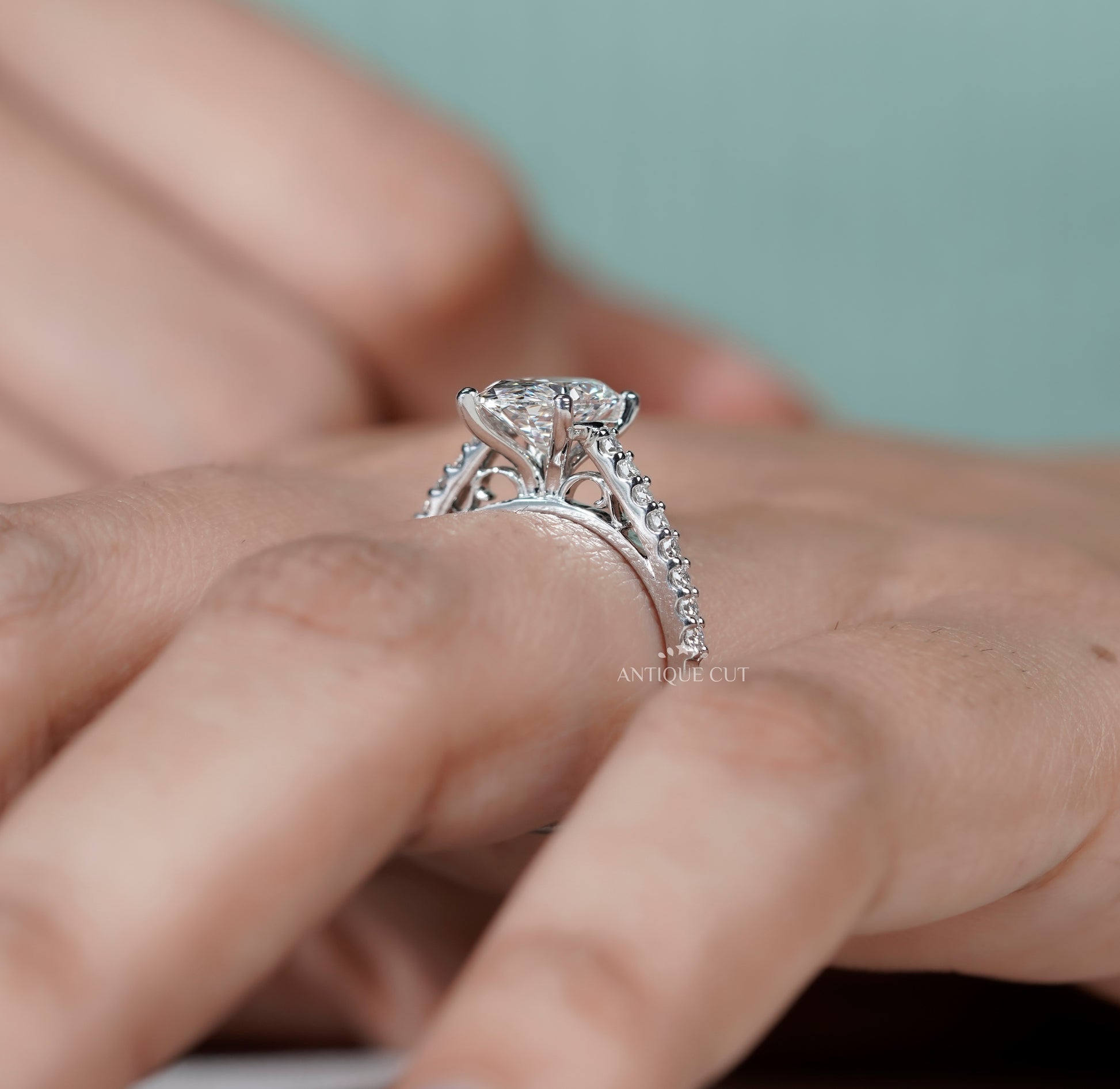 Oval Engagement Ring with Pave Band in White Gold