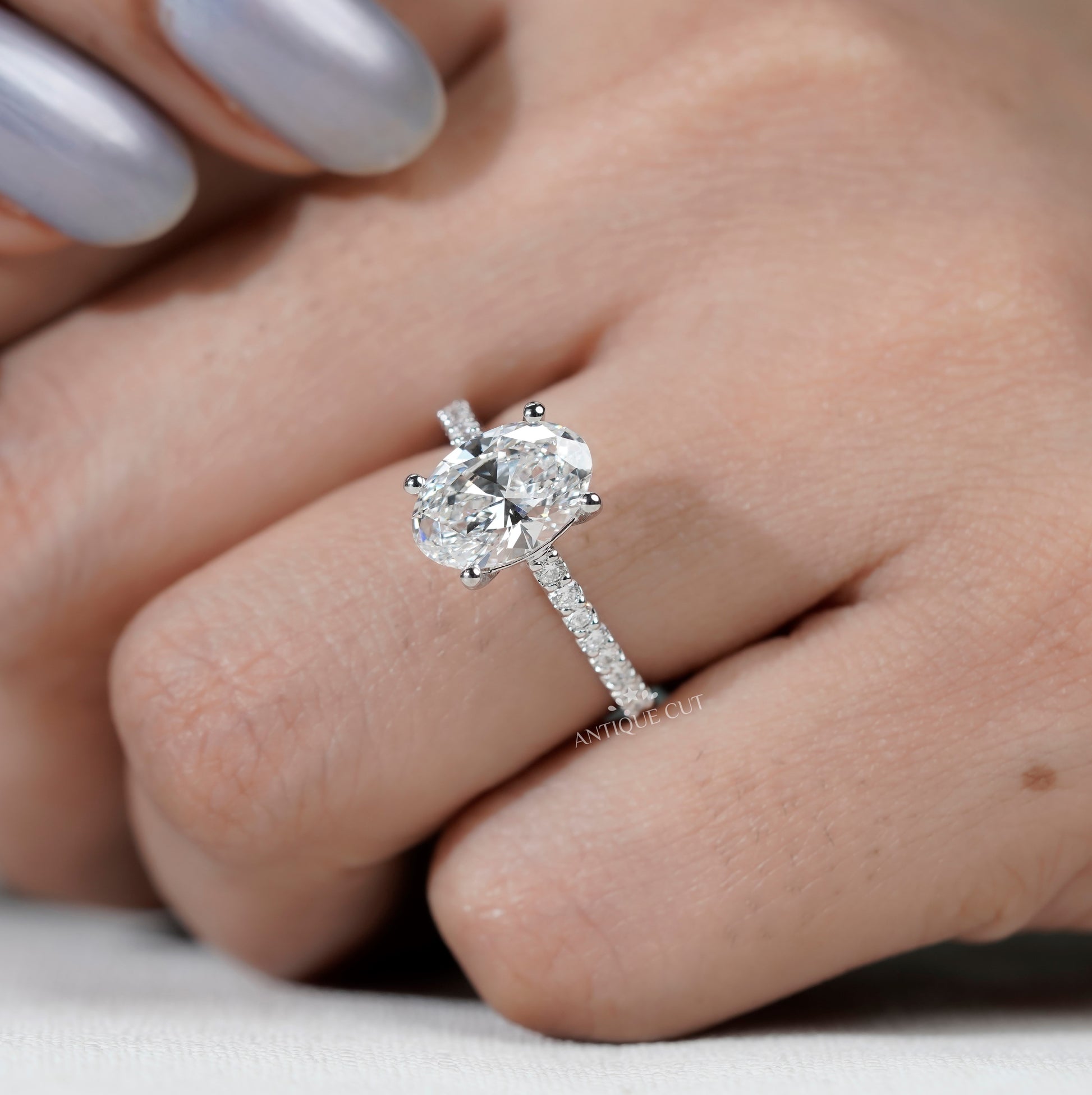 Oval Engagement Ring with Pave Band in White Gold