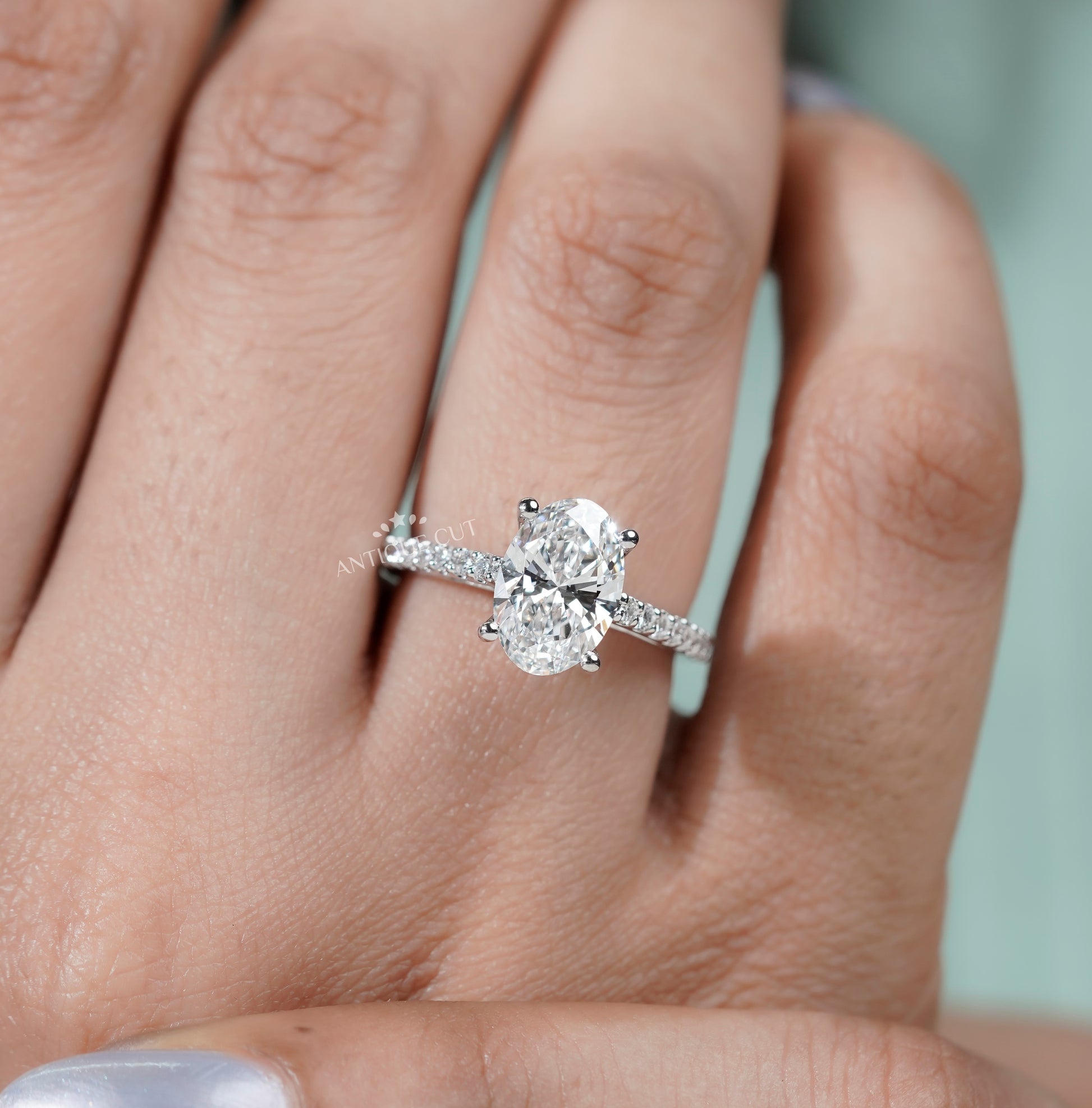 Oval Engagement Ring with Pave Band in White Gold