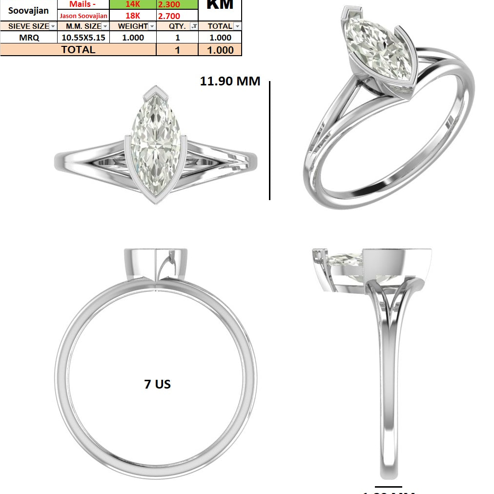 Custom Order -  Jason Soovajian | 1ct Marquise | E/VS | 14k White Gold | ring size - 7