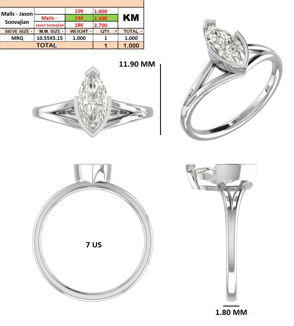 Custom Order -  Jason Soovajian | 1ct Marquise | E/VS | 14k White Gold | ring size - 7