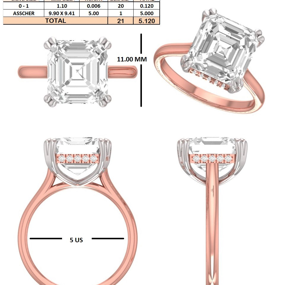 Custom order - Jenae Reynolds | 5ct Asscher | E/VVS | 14k rose gold with white gold prongs | Ring size - 5 (US)